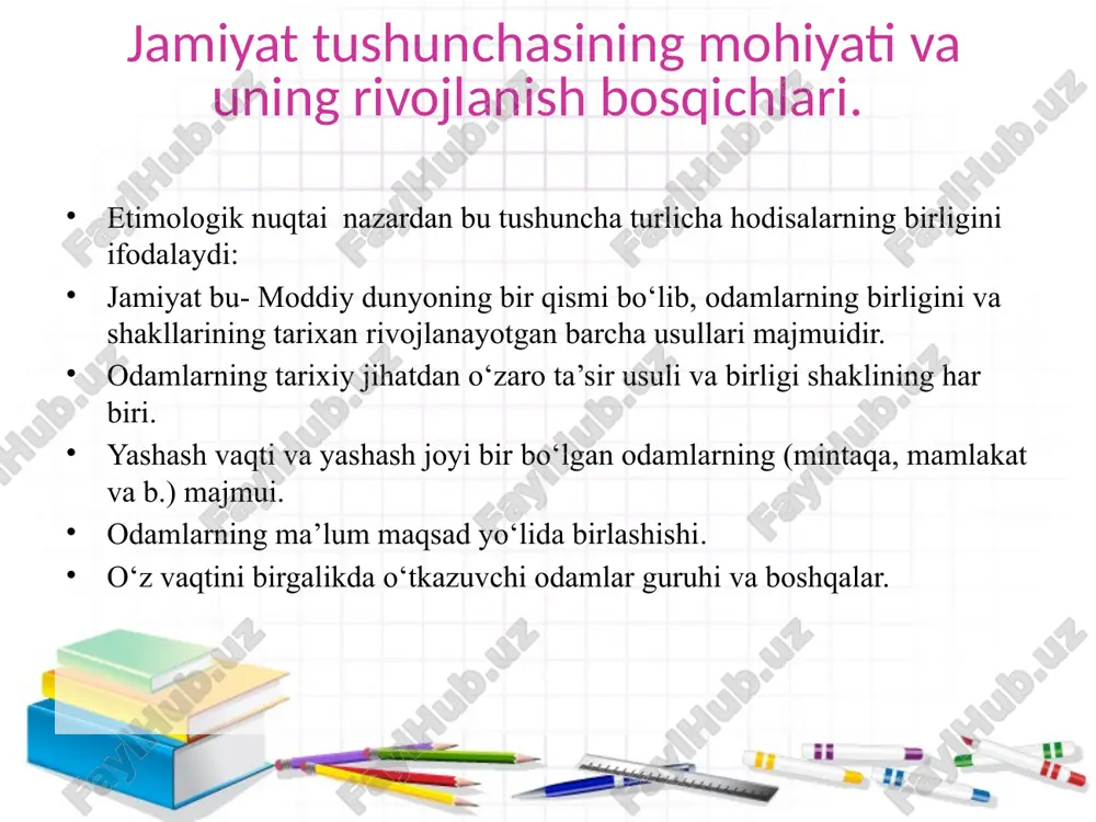 biriga mos keladi. tor ma’noda siyosat deganda odamlarning, siyosiy kuchlarning hokimiyatga egalik qilishi, uni saqlab turish, mustahkamlash va amalga oshirishga qaratilgan ongli xatti –harakati tushuniladi. jamiyatning har bir a’zosi ma’lum bir darajada: davlatning fuqarosi sifatida, siyosiy partiya yoki ijtimoiy-siyosiy tashkilotning a’zosi sifatida, mehnat jamoasi yoki jamoatning a’zosi sifatida siyosiy soha bilan bog‘liqdir. jamiyatning ma’naviy sohasi jamiyatning ma’naviy sohasi ko‘pincha madaniyat bilan tenglashtiriladi. bunday tenglashtirish unchalik to‘g‘ri emas, chunki madaniyat faqatgina ma’naviy bo‘lmasdan moddiy xususiyatga ham egadir. buning ustiga, madaniyat integral xususiyatga ega bo‘lib, jamiyatning hamma tomonlari (iqtisodiyot sohasi iqtisodiy va moddiy madaniyatni, siyosat sohasi siyosiy madaniyatni o‘z ichiga oladi va boshqalar)ga kirib boradi. moddiylik va ma’naviylik bir-biriga qarama-qarshi tomonlar (antitez) bo‘lmasdan, ular bir-birga o‘zaro ta’sir qiluvchi va o‘zaro bir-birini to‘ldiruvchi ijtimoiy rivojlanish omillaridir. u yoki bu xalq ma’naviyatining shakllanishi, shu xalqning yashaydigan tabiiy-iqlimiy sharoitlari, ularning u yoki bu darajada rivojlanishining o‘ziga xos xususiyatlari bilan belgilanadi fuqarolik jamiyati, davlat boshqaruvi va …