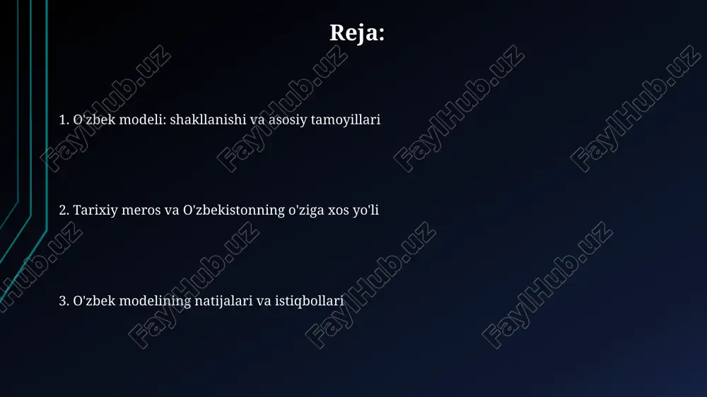 ikni ta'minlashda muhim rol o'ynadi, 1990-yillarda siyosiy mojarolar va iqtisodiy inqirozlarni yumshatish orqali, bu mintaqaviy xavfsizlikka hissa qo'shdi. o'zbekistonning bosqichma-bosqich iqtisodiy islohotlari, ayniqsa, davlatning regulyatorlik roli va xususiy sektorni qo'llab-quvvatlash strategiyalari, boshqa rivojlanayotgan davlatlar uchun o'rnak bo'lishi mumkin. e'tiboringiz uchun rahmat @taqdimot_robot image1.png