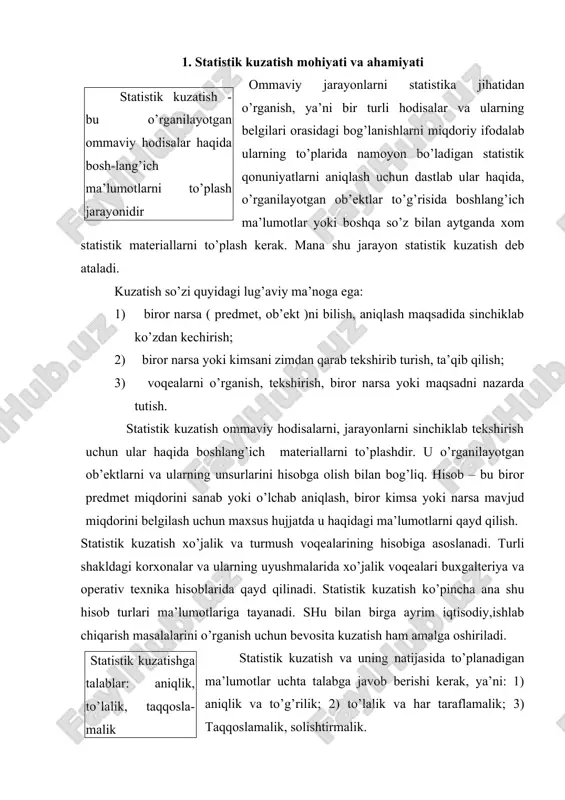 aniqlik, to’lalik, taqqosla-malik statistik kuzatish va uning natijasida to’planadigan ma’lumotlar uchta talabga javob berishi kerak, ya’ni: 1) aniqlik va to’g’rilik; 2) to’lalik va har taraflamalik; 3) taqqoslamalik, solishtirmalik. milliy standart - muayyan mamlakat miqyosida, xalqaro standart esa-butun jahon yoki mamlakatlar birlashmasi miqyosida hodisalarni tasniflash, ko’rsatkichlarni tuzish va hisoblash, ma’lumotlarni qayd qilishda qo’llanadigan umumiy talab, tartib va umumiy kontseptsiyalar majmuasidir iqtisodiy ma’lumotlarning taqqoslamaligini ta’minlash uchun milliy va xalqaro standartlarni (andozalarni) ishlab chiqish va ularga to’la amal qilish muhim rol o’ynaydi. milliy standartlar mamlakat miqyosida ob’ektlarni tasniflash, ko’rsatkichlarni tuzish va hisoblash, ma’lumotlarni qayd qilish jarayonida rioya qilinishi zarur bo’lgan talablar, tartib qoidalar, kontseptsiyalar majmuasidir. ular odatda xalqaro standartlarga asoslanadi. xalqaro andozalar deganda o’rganilayotgan hodisalarni tasniflashda, statistik ko’rsatkichlarni tuzish va hisoblashda, ma’lumotlarni qayd qilish va olish jarayonida butun dunyo miqyosida yoki ma’lum mamlakatlar birlashmasi chegarasida qo’llash uchun tavsiya etiladigan umumiy tartib qoidalar, talabla,r kontseptsiyalar majmuasi tushiniladi. milliy standartlarga rioya qilish majburiydir. 2. statistik …