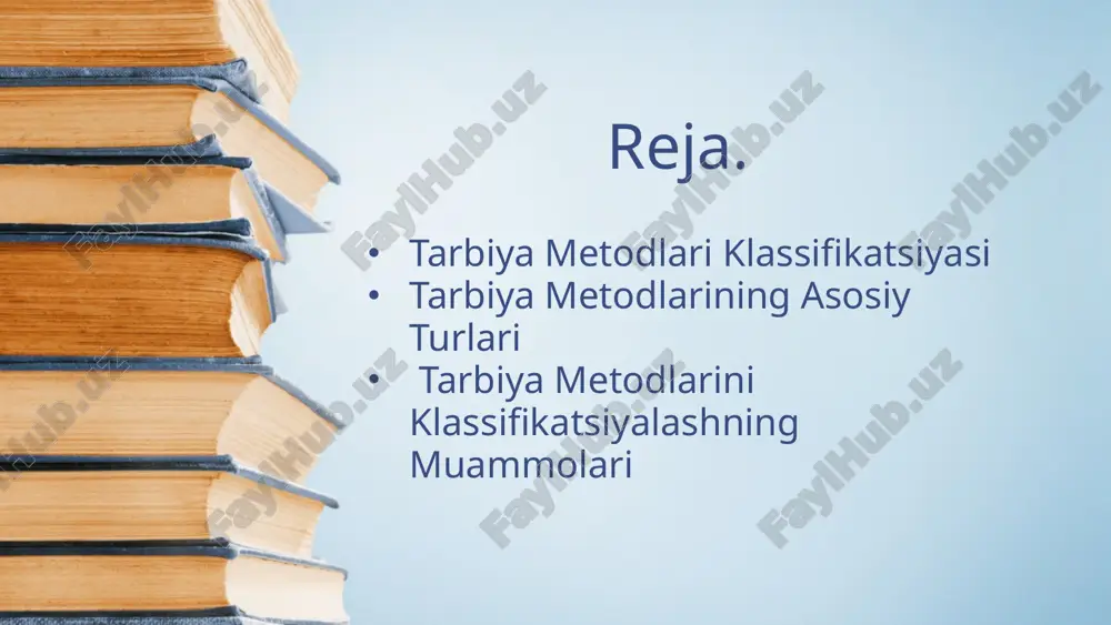 r, rag‘batlantirish va boshqalar orqali amalga oshiriladi. misol: mukofotlash, maqtov, rag‘batlantirish. salbiy metodlar: bu metodlar bolaning xato yoki yomon xulq-atvorini to‘g‘rilash uchun qo‘llaniladi. salbiy ta'sir sifatida jazo, tanbeh yoki boshqa cheklovlar ishlatiladi. misol: jazo, tanbeh, ma'lum bir imtiyozdan mahrum qilish. metodning ob'ektivligi (mazmuni bo‘yicha): axloqiy metodlar fizikaviy metodlar axloqiy metodlar: bu metodlar axloqiy qadriyatlarni rivojlantirishga qaratilgan. ular bolaga yaxshi va yomonni ajratish, to‘g‘ri xulq-atvorni o‘rgatish, jamiyatda hurmatni shakllantirishga yordam beradi. misol: ma'naviy suhbalar, axloqiy hikoyalar, ertaklar. fizikaviy metodlar: bu metodlar fizikal tarbiyani, jismoniy faoliyatni, mehnatni rivojlantirishga qaratilgan. jismoniy tarbiya va mehnat orqali bolalarda kuch, chidamlilik va salomatlikni mustahkamlash maqsad qilinadi. misol: sport o‘yinlari, mehnat ta'limi, jismoniy mashqlar. metodning ta'sir qilish shakli (tarbiyachi va tarbiyalanuvchi o‘rtasidagi munosabat bo‘yicha): to‘g‘ridan-to‘g‘ri ta’sir dolzarb ta'sir (dolzarb, kuchli ta’sir) to‘g‘ridan-to‘g‘ri ta'sir: tarbiyachi o‘z faoliyati orqali to‘g‘ridan-to‘g‘ri ta'sir ko‘rsatadi. bu metodlar, masalan, o‘qitish, savol-javob, nazorat va tanqidni o‘z ichiga oladi. misol: suhbat, izoh, o‘qituvchining rahbarlik vazifasi. …