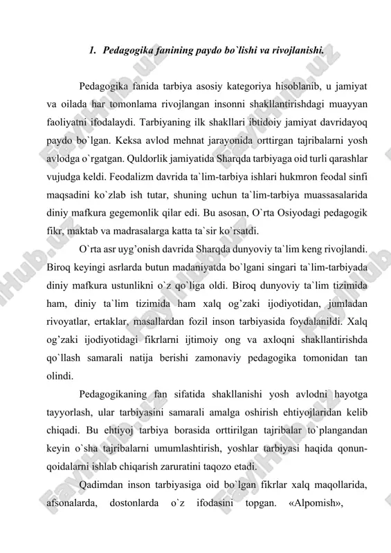 osatnoma», «qutadg’u bilig», «devoni lug’atit turk» kabi doston, masal va ertaklarda rostgo`ylik, ota-onaga hurmat-ehtirom, vatanparvarlik, insonparvarlik kabi tuyg’ular, fazilatlar tarannum etilgan. tarbiya kishilik jamiyati ibtidosida paydo bo`lgan va bashariyat manfaatlari uchun xizmat qilib kelgan. tarbiya avlodlar o`rtasidagi aloqani ta`minlaydi. kattalar o`zlari turmush jarayonida orttirgan tajribalarini o`zidan keyingi avlodga o`rgatib borganlar. kichik avlod esa, faoliyati davomida yangi-yangi muammolarga duch kelib, ularning yechimini topish barobarida bilim va ko`nikmalarni egallab, oldingi avloddan meros qolgan bilimlarini yanada boyitib, o`zidan keyingi avlodga qoldiradi. insoniyat tarixiy taraqqiyot mobaynida katta yo`lni, bu yo`lda u turli ijtimoiy bosqichlarni bosib o`tdi. formasiyalarning o`zgarishi natijasida ish munosabati bilan ishlab chiqarish munosabatlari taraqqiy etdi. bu hol tarbiya jarayonining takomillashib borishiga o`z ta`sirini ko`rsatdi. mustaqil o`zbekiston bugungi kunga kelib jahonga o`z nomini tanitdi. iqtisodiy-siyosiy jihatdan yuksaldi. ayniqsa, mahsulot ishlab chiqarish oshdi, hamkorlikdagi korxonalar kuchaydi. o`zbekiston dunyoning katta bozoriga shaxdam qadam tashladi. shu bilan birga o`zbekistonning rivojlangan mamlakatlar qatoridan o`rin olishida bugun va …