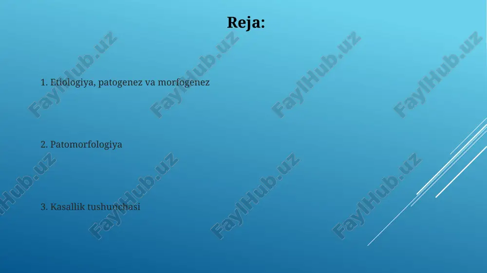 faoliyatning yetishmasligi va genetik moyillik kabi omillar bilan bog'liqdir. irsiy kasalliklar xromosomal aberratsiyalar, masalan, trisomiya 21 (down sindromi) kabi, irsiy kasalliklarning 10-15% ini tashkil qiladi va tug'ilish nuqsonlari bilan bog'liq. irsiy kasalliklarning 20% dan ortig'i autosomal-recessive usulda meros bo'lib o'tadi, ya'ni ikkala ota-onadan ham mutatsiyaga uchragan genning nusxasi farzandga o'tishi kerak. yuqumli kasalliklar yuqumli kasalliklarning 80% dan ortig'i viruslar, bakteriyalar yoki zamburug'lar kabi patogen mikroorganizmlar tomonidan kelib chiqadi va odatda yuqumli yo'l orqali tarqaladi. yuqumli kasalliklarning morfologiyasi yallig'lanish, nekroz va fibroz kabi to'qimalarning shikastlanishiga olib kelishi mumkin, bu esa organlarning funktsiyasi buzilishiga sabab bo'ladi, masalan, pnevmoniya holatlarida o'pka to'qimalarining 15% ga yaqin zararlanishi kuzatiladi. kasallikning klinik ko'rinishlari ba'zi kasalliklarda, masalan, grippda, klinik ko'rinishlar taxminan 7-10 kun davom etadi, ammo og'ir holatlarda bu muddat 2 haftadan ortiq bo'lishi mumkin. klinik ko'rinishlar diagnostika mezonlariga (masalan, qon tahlillarining 5 turdagi o'zgarishlari) asoslanib aniqlanadi va kasallikning og'irlik darajasini aniqlashda muhim rol o'ynaydi. yuqumsiz kasalliklar …