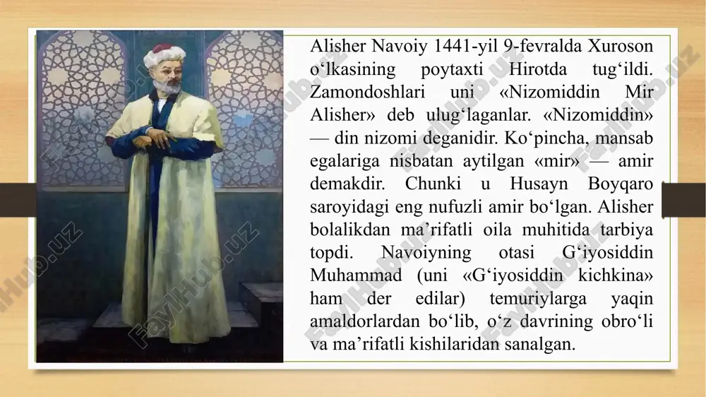 lda taft shahrida alisher mashhur tarixchi sharafiddin ali yazdiy bilan uchrashadi, tiyrak va aqlli bolakayning zukkoligidan mamnun bo‘lgan keksa olim uning haqqiga duolar qiladi. xalq orasidagi «ulug‘lar duosi qabul bo‘ladi» degan naql bejiz emas. alisherlar xonadoni 1451-yilda hirotga qaytadi. ko‘p o‘tmay, taxtga abulqosim bobur mirzo o‘tiradi. alisherning otasi g‘iyosiddin muhammad sabzavorga hokim qilib tayinlanadi. alisher esa, o‘qishni davom ettiradi. 1453-yilda alisherning otasi g‘iyosiddin muhammad vafot etdi. alisher abulqosim bobur xizmatiga kirdi. avval sabzavorda, so‘ng mashhadda yashadi. ikki maktabdosh do‘st — husayn va alisher yana birga bo‘ldilar. bu yillar ham yosh alisher uchun o‘qish va bilim egallash yillari bo‘ldi. she’rga mehr alisherni ijodga undadi. u 7-8 yoshlaridan she’r yoza boshladi. o‘zbekcha she’rlariga «navoiy», forscha she’rlariga «foniy» taxallusini qo‘ydi. o‘smirlik davrlarida alisher o‘qishda va yozishda tinim bilmas, she’r mutoalasidan charchamas edi. «muhokamat ul-lug‘atayn» asarida o‘zining yoshlik chog‘ida mashhur o‘zbek va fors shoirlari nazmidan 50 ming bayt (100 ming misra) she’rni yod bilganini …