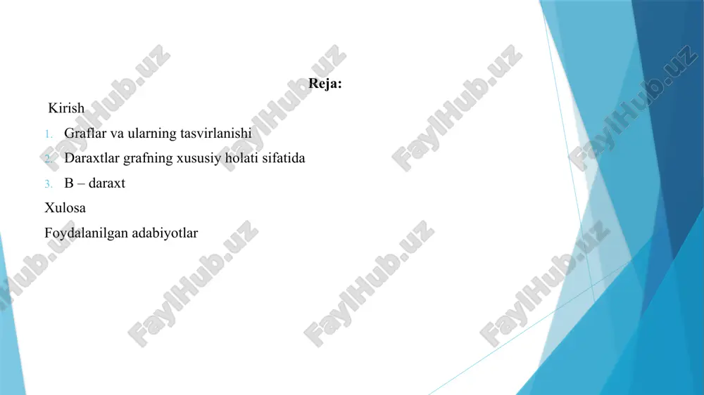 ari orasidagi bog'lanishlardan tashkil topadi (ulanishlar). graf mavzusi juda keng. graflar diskret matematikaning o'rganish mavzusidir (bu yerda graf tushunchasining aniqroq ta'rifi berilgan). graf murakkab tuzilgan ma'lumotni tavsiflash uchun ishlatiladi va shuning uchun katta amaliy ahamiyatga ega. matematikada graflar paydo bo'lishiga eyler asarlari yordam berdi. graflar bilan qayerda uchrashamiz? ehtimol, ular bilan qayerda uchrashmasligimizni aytish osonroq. ya’ni biz graflarda juda ko’p holatda uchratamiz. misol qilib quyidagilarni keltirishimiz mumkin: lokal yoki global tarmoq modeli algoritmlarning blok-sxemasi elektr sxemalar oila daraxti (shajara) metro xaritasi ma'lumotlar bazasi modeli aqlli xaritalar va boshqa ko'plab narsalar. ushbu darsda butun graflar nazariyasini olish mumkin emas. shuning uchun qisqacha ma’lumotlarni keltirib o’tamiz. g graf - g: = (v, e) tartiblangan juftlik, bu yerda v - uchlarning (yoki tugunlarning) bo'sh bo'lmagan to'plami, e esa qirralar deb nomlangan uchlarning juftlari to'plamidir. grafning uchlari va qirralari (ular graf elementlari deb ataladi), grafdagi uchlar soni | v | - graf tartibi, qirralarning …