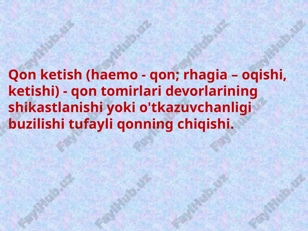 qon yo'qotishning klinikasi va diagnostikasi s u b ‘ e k t i v belgilari (bemorning shikoyatlari): ● zaiflik, ● bosh aylanishi, ● ko'zlarning qorayishi, ko'zlaring oldida jimirlash ", ● quloqda shovqin, ● nafas qisilishi, ● ko'ngil aynishi, ● quruq og'iz. ob'ektiv alomatlar: ● terining rangparligi va namligi, ● tez nafas olish, ● burun qanotlarining shishishi, ● tez-tez va kichik puls, ● qon bosimining pasayishi, ● tomirlarning bo’shab qolishi - "bo'sh tomirlar" alomati (qo'lning orqa tomonida), ● diurezning kamayishi. mahalliy simptomlar gematemezis, melena, qonli axlat, gematomaning mavjudligi tegishli klinikaga ega bo'lgan bo'shliqlarda qon mavjudligi (gemokranion, gemotoraks gemoperikard, gemoperitoneum, gemartroz). qon oqishda og'ir klinik ko’rinishning rivojlanishini aniqlashdagi omillar 1. qon yo'qotish hajmi va tezligi. 2. jins va yosh 3. yurak-qon tomir tizimining holati. 4. umumiy salomatlik holati. diagnostika. 1. klinik belgilari 2. maxsus tadqiqotlar / punktsiyon diagnostika, endoskopiya, angiografiya, ultratovush, kt, mrt/ 3. laboratoriya tadqiqotlari /eritrotsitlar soni n-4-5x10/12/l, gemoglobin n-125-160 g/l, …