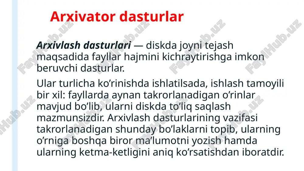 sqaradi (mashina kodidagi fayllarda esa arxivlash kutilgan natijani bermasligi mumkin, chunki bunday fayllarda qisish darajasi 8-10 foizgacha boradi); ularni boshqa foydalanuvchilardan himoya qiluvchi ko’plab samarali usullar ishlab chiqilgan; ularga mavjud bo’lgan kompyuter viruslarining 90 foizidan ko’prog’i ta’sir qila olmaydi; zamonaviy arxivlash vositalariga arj, pak, pcpak, pkarc, lha, ice, rar, winrar, winzip, microsoft backup kabi dasturiy vositalar misol bo’la oladi. kompyuter viruslari hozirgi kunda kompyutеr viruslari g‘arazli maqsadlarda ishlatiluvchi turli xil dasturlarni olib kеlib tatbiq etishda eng samarali vositalardan biri hisoblanadi. kompyutеr viruslarini dasturli viruslar dеb atash to‘g‘riroq bo‘ladi. dasturli virus dеb avtonom ravishda ishlash, boshqa dastur tarkibiga o‘z – o‘zidan qo’shiluvchi, ishga qodir va kompyutеr tarmoqlari va alohida kompyutеrlarda o‘z – o‘zidan tarqalish xususiyatiga ega bo‘lgan dasturga aytiladi. viruslar bilan zararlangan dasturlar virus tashuvchi yoki zararlangan dasturlar dеyiladi. hozirgi vaqtda 65000 dan ko‘p bo‘lgan virus dasturlari borligi aniqlangan. bu viruslarning katta guruhini kompyutеrning ish bajarish tartibini buzmaydigan, ya’ni «ta’sirchan bo‘lmagan» …