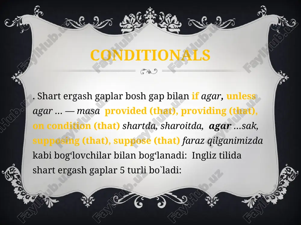 ast night. mixed conditionals form: if + past simple, would+have past participle example if i hadn`t gone out to see my friends last night, i would not sleep at the lesson now. unless … phrase meaning example unless if…not i`ll be there at six unless i get delayed. in case phrase meaning example in case because it may be lets take our wellies in case it may be muddy. as/so long as phrase meaning example as long as as long as if only as long as i am happy, my parents don`t care what job i do conditionals