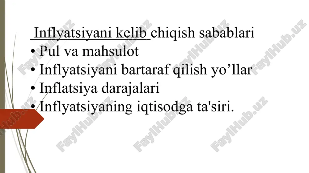 mln. grindеk) qog`oz dollar chiqarilgan vaqtdan boshlab qo`llanila boshlagan 14.03.2024 ilk infilatsiyani kelib chish sabablari va uning omillari ularning sotib olish kobiliyati ikki yildan kеyin 5q foizlargacha tushib kеtgan. agar tarixga e'tibor bеradigan bo`lsak, urush va boshka ofatlar sababli davlat xarajatlarning oshib kеtishi, inflyatsiya bilan uzviy bog`lik masalan, angliyada kuchli inflyatsiya xix asrning boshida napolеon bilan urush davrida, frantsiyada - frantsuz rеvolyutsiyasi davrida, rossiyada xix asrning urtalarida namoyon bulgan. 14.03.2024 1923 yillarda bo`lib, muomaladagi pul massasi 496 kvintillion markagacha yetgan va pul birligi trillion marta qadrsizlangan. bu tarixiy misollar ko`rsatadiki, inflyatsiya hozirgi davr jarayoni bo`lmasdan, tarixan mavjud bo`lgan jarayondir. inflyatsiya va uning rivojlanishi alohida olingan mamlakatda ma'lum xususiyatlarga ega bo`lishi mumkin. hozirgi davr inflyatsiyasi, o`tgan davr inflyatsiyasidan farq qiluvchi xususiyatlarga ega. oldingi inflyatsiyalar vaqtinchalik bo`lib, ular odatda urush vaqtida harbiy xarajatlarni qoplash uchun qogoz pullar chiqarilishi natijasida yuzaga kеlgan. biror daromad olmasdan turib, ya'ni ishlab chiqarish va tovaro oborot 14.03.2024 …