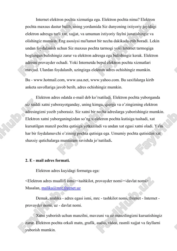 tur. belgisida sichqoncha tugmachasini 2 marta chertasiz va ekranda quyidagi darcha hosil bo’ladi darchaning yuqori qismida menyu komandalari keltiriladi. keyingi satrda asboblar paneli tugmachalari joylashgan. elektron pochta bilan ishlashda asboblar paneli tugmachalaridan foydalanish juda qulay. shuning uchun quyida asosiy tugmachalarning tafsifini keltiramiz. xatni yozib yuboradi. xat muallifiga javob yozib yuboradi. xatni boshqa manzilga yuboradi. xatni ko’rsatilgan manzilga eltadi xatni o’chiradi. darcha pastki qismi bir necha darchadan tashkil etadi. chapki darchada quyidagi jildlar ro’yxati mavjud. bu jildlar tafsifi quyidagicha. bu jildda siz yozgan xatlar joylashadi. bu jildda jo’natilgan xatlar ro’yxati private "type=pict;alt="keltiriladi. o’chirilgan fayllar saqlanadigan savat private "type=pict;alt=". jildga mos xatlar ro’yxati ungdagi darchada beriladi. pastdagi darchada esa, joriy xat mazmuni ko’rsatiladi. 4. xat yozish va junatish tartibi do’stingizga xat yozish uchun создат сообщение tugmachada sichqonchani cherting. natijada ekranda quyidagi darcha рosil bo’ladi. кому maydonida do’stingiz elektron adresi yoziladi. masalan, saida@hotmail.com. копия maydonida xat nusxalari yuborilgan mualliflar adreslari keltiriladi. тема maydonida …