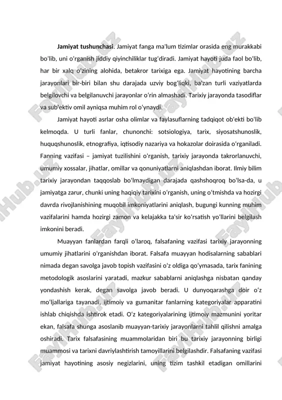 lab chiqishda ishtirok etadi. o‘z kategoriyalarining ijtimoiy mazmunini yoritar ekan, falsafa shunga asoslanib muayyan-tarixiy jarayonlarni tahlil qilishni amalga oshiradi. tarix falsafasining muammolaridan biri bu tarixiy jarayonning birligi muammosi va tarixni davriylashtirish tamoyillarini belgilashdir. falsafaning vazifasi jamiyat hayotining asosiy negizlarini, uning tizim tashkil etadigan omillarini aniqlashdan iborat. tarix falsafasida dunyoqarashga doir mo‘ljallarining rang-barangligi bilan ajralib turadigan ko‘plab oqimlar va yo‘nalishlar mavjud bo‘lgan. shu sababli har bir faylasuf, odatda, o‘z mo‘ljallariga amal qiladi, nafaqat dunyoni, balki jamiyatni ham o‘ziga xos tarzda tushuntiradi. madaniy-tarixiy tiplar g‘oyasi. xix asrda madaniy-tarixiy tiplar nazariyasi vujudga kelgan bo‘lsada, aslida bu haqdagi dastlabki qarashlar forobiy ijodiga mansub. forobiy insonlar jamiyatini ikki madaniy- tarixiy tiplarga ajratadi: birinchisi to‘liq jamiyat bo‘lib, u o‘zida a) yer yuzidagi jami insonlarni qamrab oluvchi yirik jamiyat, b) yerning muayyan qismida yashovchi bir millat yoki bir dinga mansub kishilarning o‘rta jamiyati v) muayyan qavm yoki dinga mansub bir shahar jamiyatini qamrab oladi. ikkinchisi bir qishloq, …