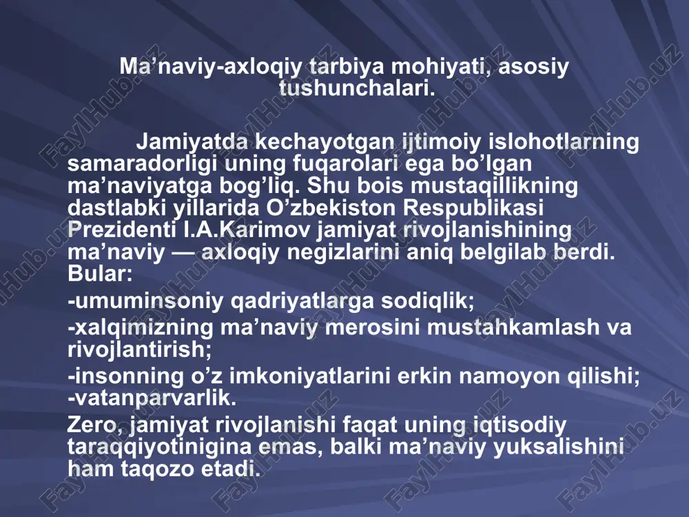 dunyoqarashga ega, ajdodlarimizning bebaho merosi va zamonaviy tafakkurga tayanib yashaydigan barkamol shaxs — komil insonni tarbiyalashdan iborat». demak, ma’naviyatli inson bilimli, ma’lum kasb —hunar sohibi, o’z vatanining sodiq fuqarosidir. o’z davlati qonunlarini biladigan va ularga amal qiladigan, yurti bilan g’ururlana oladigan inson. o’z vatani boyliklarini saqlaydigan, uni yanada boyitadigan, go’zalliklaridan bahramand bo’ladigan shaxs. u har qanday zararli illatlarga qarashi kurashadigan, milliy va umuminsoniy qadriyatlarni avaylab asraydigan insondir. axloq esa shaxsning xatgi —harakatlari, yurish — turishi, turmush tarzi, hayot kechirish tamoyillari, qoidalari, ijtimoiy munosabatlar mazmunini ifodalaydi. umuminsoniy qadriyatlarga sodiқlik halqimizning ma’naviy merosini mustahkamlash va rivojlantirish insonning o’z imkoniyatlarini erkin namoyon qilishi vatanparvarlik «ahlok» (lotincha—xulq—atvor ma’nosini bildiradi) ijtimoiy ong shakllaridan biri bo’lib, ijtimoiy munosabatlar hamda shaxs xatti—harakatini tartibga soladigan qonun—qoidalar majmuidir. ma’naviy — axlokiy tarbiya vazifalari quyidagilardan iborat: 1.o’quvchilarda ma’naviy — axloqiy ongni shakllantirish. 2.ularda ma’naviy—axloqiy his—tuyg’ularni tarbiyalash va rivojlantirish. 3.o’quvchilarda ma’naviy—axloqiy xulq—atvor ko’nikma va odatlarini tarkib toptirish. ma’naviy — axloqiy tarbiya …