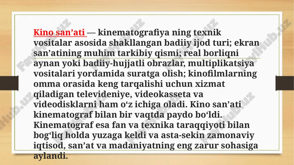 i, “ochiq kino” va boshqa keyinroq turli mavzular qatori kinohikoyalarga alohida eʼtibor berildi. koʻproq maʼlum bir tarixni hikoya qiluvchi filmlar koʻpaydi. urushdan keyingi yillar rivojlangan mamlakatlarning ilgʻor kinematografchilari ishlagan filmlar, ayniqsa, italiya neorealizmi ekran sanʼatining asosini tashkil etdi. 50-yillarning oxirlari kino sanʼatida kino va televideniyening oʻzaro bir-biriga taʼsiri, bir necha soat davom etadigan filmlar ishlash kabi muhim oʻzgarishlar yuz berdi. ayni bir vaqtda kino sanʼati bilan bogʻliq teleekran ijodi paydo boʻldi va rivoj topdi. oʻzbekistonda birinchi film 1897-yil “eski joʻva” maydonida koʻrsatilgan. 1908-yildan toshkent, samarqand, qoʻqon va boshqa shaharlarda chet el filmlari namoyish etilgan. oʻrta osiyoda koʻrsatilgan kinolentalar, asosan, amerika, fransiyaning sharq ekzotikasi tasvirlangan filmlaridan iborat boʻlgan. oʻzbek milliy kino sanʼati 20-asrning 20-yillarida vujudga keldi. birinchi oʻzbek kinooperatori xudoybergan devonov oʻzining ilk hujjatli-xronikal filmlarida oʻzbek xalqining hayotini, urf-odatlarini, xorazm manzaralarini aks ettirishga intilgan. ommaviy madaniyat» g‘arb dunyosida o‘tgan asrning ikkinchi yarmida shakllandi. uni g‘arbda «populyar» yoki qisqartirilgan holda, «pop-kultura» (ya’ni …