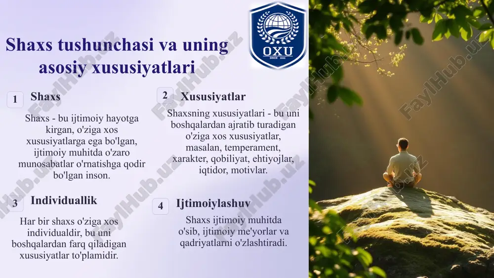 iliyatlar va iste'dodlar o'zlashtiriladi va rivojlantiriladi. 5 shaxsning ehtiyojlari, iqtidor va motivlari 1 ehtiyoj ehtiyoj - bu odamning hayotiy faoliyati va rivojlanishi uchun zarur bo'lgan biror narsaga bo'lgan talab. 2 iqtidor iqtidor - bu insonning ma'lum bir faoliyatni o'zlashtirishga va unda muvaffaqiyat qozonishga bo'lgan moyilligi. 3 motiv motiv - bu odamni ma'lum bir harakatga undaydigan ichki kuch. motivatsiyaga yo’l va uning qismlari demakdir. 6 shaxslararo munosabatlar va ularning rivojlanishi qarindosh-urug'lar o'rtasidagi munosabatlar umumiy manfaatlar va qadriyatlar asosidagi munosabatlar ish joyidagi hamkasblar o'rtasidagi munosabatlar jamiyatdagi odamlar o'rtasidagi keng qamrovli munosabatlar tur xususiyatlari oilaviy do'stona ishchi ijtimoiy 7 shaxsning o'z-o'zini boshqarishi va ijtimoiylashuvi o'z-o'zini boshqarish o'z-o'zini boshqarish - bu o'z xulq-atvorini nazorat qilish, maqsadlarga erishish uchun harakatlarini rejalashtirish va amalga oshirish qobiliyatidir. ijtimoiylashuv ijtimoiylashuv - bu insonning ijtimoiy muhitga moslashishi, ijtimoiy me'yorlarni o'zlashtirishi, ijtimoiy rolni o'ynashi jarayonidir. 8 shaxsning psixologik xavfsizligi 1 xavfsizlik shaxsning psixologik xavfsizligi - bu uning o'ziga va atrofidagi …