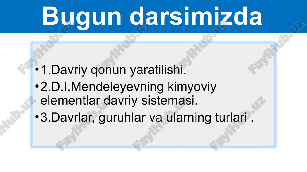 or elementlarining xossalari takrorlanishi kuzatildi. elementlar birikmalarining shakli ham davriy takrorlanganligi kuzatildi. li2o beo b2o3 co2 na2o mgo al2o3 sio2 mendeleyev elementlarning barcha qatorini davrlarga bo‘ldi.ba’zi elementlarning atom massalari tuzatildi, hali kashf etilmagan 29 ta element uchun bo‘sh katakchalar qoldirdi. o‘sha vaqtda hali kashf etilmagan yangi elementlar bor degan xulosaga keldi. ulardan 3 tasini xossalarini batafsil bayon qildi.ularga ekabor,ekaalyuminiy va ekasilitsiy deb shartli nom berdi. galliyni 1875 yilda lekok de-baubodran, skandiyni 1879 yilda nilson, germaniyni 1886 yilda vinkler kashf etdi. davriy sistema d.i.mendeleyev 1869 yilda kashf etgan davriy sistemaning birinchi varianti uzun shakldagi variant deyiladi.bu variantda har bir davr bitta qatorda joylashtirilgan edi. 1870 yilda davriy sistemaning ikkinchi varianti qisqa shakldagi variant e’lon qilindi.bu variantda davrlar qatorlarga, gruppalar esa bosh va yonaki gruppachalarga bo‘lindi. davriy sistemada gorizontal bo‘yicha 7 ta davr bor. 1,2,3 davrlar kichik davrlar, 4,5,6,7 davrlar kata davrlar deb ataladi.1-davrda 2 ta , 2-3 davrlarda 8 tadan, 4,5-davrlarda …