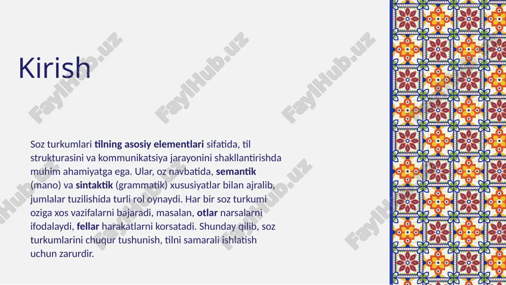 akatni ifodalab beradi. soz turkumlari tilning mohiyatini anglatadi va muloqotni yopiq yoki ochiq holda amalga oshirishda muhim rol oynaydi. so'z yasalishi jarayoni 02 yasalish vositalari: qo'shimchalar va ildizlar so‘z yasalishida ildiz va qo‘shimchalar eng muhim vositalardir. ildiz, so‘zning asosiy qismini ifodalab, mano beradi, qoshimchalar esa bu ildizga qoshilib tezda yangi grammatik va leksik formalarni hosil qiladi. misol uchun, qoshimchalar yordamida sozlar singular va plural shakllarga, shuningdek, sifat va harakat korsatkichlariga ega bolishi mumkin. bu jarayon tilning dinamikasini taminlaydi va yangi sozlar ishlab chiqarishda muhim rol oynaydi. yangi so'zlarning hosil bo‘lishi: turlari va misollari yangi sozlarni hosil qilishda qo‘shimchalar yordamida yasalish, so‘z birikmalari va qisqartmalar kabi usullar qollaniladi. qo‘shimchalar orqali ildiz sozlarga yangi mano yoki grammatik funktsiyalar qo‘shiladi, masalan, gullash - gullamoq yoki oqituvchi - oqitish. so‘z birikmalari esa ikki yoki undan ortiq so‘zning birikmasidan yangi mano hosil qiladi - masalan, kitob dokoni. qisqartmalar esa kopincha muayyan sohalarda keng tarqalgan, masalan, …