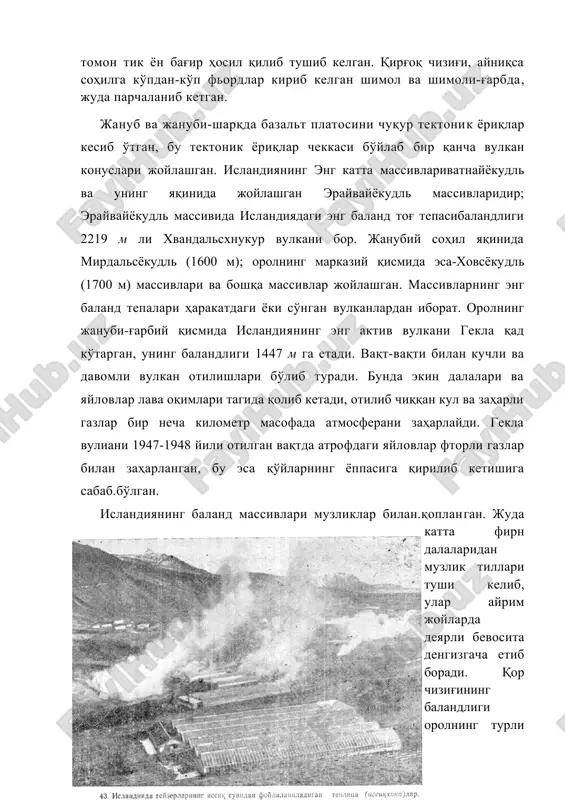 плато деярли ҳамма томондан денгизга томон тик ён бағир ҳосил қилиб тушиб келган. қирғоқ чизиғи, айниқса соҳилга кўпдан-кўп фьордлар кириб келган шимол ва шимоли-ғарбда, жуда парчаланиб кетган. жануб ва жануби-шарқда базальт платосини чуқур тектоник ёриқлар кесиб ўтган, бу тектоник ёриқлар чеккаси бўйлаб бир қанча вулкан конуслари жойлашган. исландиянинг энг катта массивлариватнайёкудль ва унинг яқинида жойлашган эрайвайёкудль массивларидир; эрайвайёкудль массивида исландиядаги энг баланд тоғ тепасибаландлиги 2219 м ли хвандальсхнукур вулкани бор. жанубий соҳил яқинида мирдальсёкудль (1600 м); оролнинг марказий қисмида эса-ховсёкудль (1700 м) массивлари ва бошқа массивлар жойлашган. массивларнинг энг баланд тепалари ҳаракатдаги ёки сўнган вулканлардан иборат. оролнинг жануби-ғарбий қисмида исландиянинг энг актив вулкани гекла қад кўтарган, унинг баландлиги 1447 м га етади. вақт-вақти билан кучли ва давомли вулкан отилишлари бўлиб туради. бунда экин далалари ва яйловлар лава оқимлари тагида қолиб кетади, отилиб чиққан кул ва заҳарли газлар бир неча километр масофада атмосферани заҳарлайди. гекла вулиани 1947-1948 йили отилган вақтда атрофдаги …