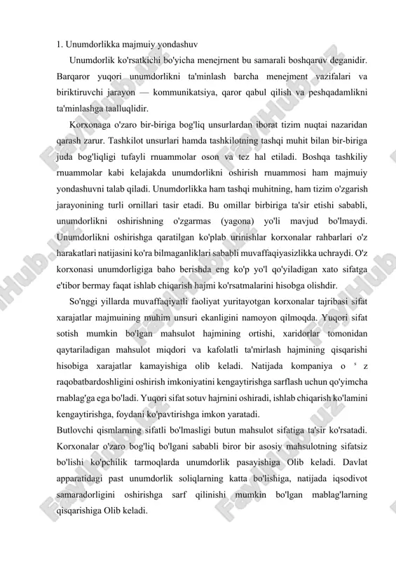 sifatiga ta'sir ko'rsatadi. korxonalar o'zaro bog'liq bo'lgani sababli biror bir asosiy mahsulotning sifatsiz bo'lishi ko'pchilik tarmoqlarda unumdorlik pasayishiga olib keladi. davlat apparatidagi past unumdorlik soliqlarning katta bo'lishiga, natijada iqsodivot samaradorligini oshirishga sarf qilinishi mumkin bo'lgan mablag'larning qisqarishiga olib keladi. atrof-muhit ifloslanishi darajasini kamaytirish, ish joyi sanitariya xolatini yaxshilash va korxona ishchilari sog'lig'ini himoya qilish uchun korxonalar qimmat uskunalar (masalan, tutun tutgichlar) sotib olishlari kerak, bu esa xarajatlar ko'payishiga olib keladi. istiqbolda atrof-muhitni vaxshilash va mehnatni muhofoza qilish ish vaqtini taqsimlashga va natijada mehnat unurndorligi ortishiga olib keladi. mehnat unumdorligiga ta'sir etuvchi muhim ornil — korxonaning menejment ilmiga ega bo'lishidir. korxona unumli ishlashi uchun menejment tizimini łakomillashtirish zarur. o'sib borayotgan raqobat sharoitida rahbariyat nega maqbul bo'lgan qarorlar bugungi kunga to'g'ri kelmasligini bilishi lozim. 2. biznes-reja va unumdorlik biznes-rejasiz yuqori va barqaror unumdorlikka erishib bo'lmaydi. unurndorlikni oshirish bo'yicha aniq rnaqsadga ega bo'lmay erishilgan unumdorlik vuqori yoki past ekanligini aniqlab bo'lmaydi. maqsadlar qaysi …