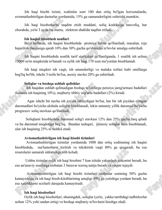 iq, har chorakda, ya'ni 3 oyda bir marta, elektron shaklda taqdim etiladi. ish haqini hisoblash usullari ba'zi hollarda, ish haqini hisoblashda premiya tizimi qo'llaniladi, masalan, reja bajarilish darajasiga qarab 10% dan 30% gacha qo'shimcha to'lovlar amalga oshiriladi. ish haqini hisoblashda soatlik tarif stavkalari qo'llanilganda, 1 soatlik ish uchun 15000 so'm miqdorida to'lanadi va oylik ish haqi 170 soat me'yordan hisoblanadi. ish haqi miqdori ish vaqti, ish unumdorligi va malaka toifasi kabi omillarga bog'liq bo'lib, ishchi 3-toifa bo'lsa, asosiy stavka 20% ga oshiriladi. soliqlar va boshqa ushlab qolishlar ish haqidan ushlab qolinadigan boshqa to'lovlarga pensiya jamg'armasi badallari (kamida ish haqining 10%), majburiy tibbiy sug'urta badallari (2%) kiradi. agar ishchi bir necha ish joyida ishlaydigan bo'lsa, har bir ish joyidan olingan daromadlari bo'yicha alohida soliqlar hisoblanadi, lekin umumiy yillik daromad bo'yicha progressiv soliq stavkasi qo'llaniladi. soliqlarni hisoblashda daromad solig'i stavkasi 12% dan 25% gacha farq qiladi va bu daromad miqdoriga bog'liq. bundan …