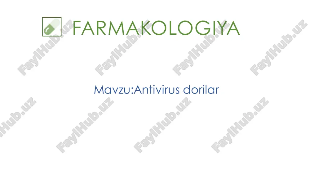soblanadi • turlari: 1.oddiygerpesvirusi(hsv-1, hsv-2) 2. varicella –zoster virusi 3. sitomegalovirus 4. epshteyn–barr virusi oddiy gerpes virusi • keltirib chiqaruvchi kasalliklari 1. hsv-1 2. hsv-2 3. varicella –zoster virusi – – suvchechak temiratki (lishay) – gingviostomatit – keratokonyuktivit – ensefalit – genital gerpetikkasalliklar gingviostomatit suvchechak vakillari ta’sir mexanizmi • • • • • • • • atsiklovir famsiklovir brivudin idoksuridin(virostav10,0 ko’z tomchisi) bu dorilarnukleozidanalogihisoblanadi dastlabbudorilarningbarchasihsv timidin kinazasi tomonidan fosforillanadi fosforillanibtrifosfatshakligao’tgachdnk polimeraza fermentini bloklaydi natijadareplikatsiyajarayoniamalgaoshmaydi, virus ko’payishito’xtaydi famsiklovir farmakokinetikasi • asiklovir • – – peroral yuboriladi ta’sirdavomiyligi8 soat –peroral, vena ichigayuboriladivamahalliy qo’llaniladi –ta’sirdavomiyligi4-6 soat • • brivudin idoksuridin – – – peroral yuboriladi ta’sirdavomiyligi24 soat shilliq qavatiga ta’sirdavomiyligi8 soat –mahalliyqo’llaniladi: teriga, ko’z idoksuridin qo’llanilishi • asiklovirvafamsiklovir • – qo’llaniladi –hsv-1 vavaicella–zoster uchunsamarali –hsv-2 ganisbatansamarasiz terida, yuzakishilliqqavatdahamda konyuktivadahsv vavaricella –zoster virusi sabab kelib chiquvchi kasalliklarda mahalliy – oddiy gerpes virusi chaqiruvchi barcha kasalliklar varicella –zoster virus chaqiruvchikasalliklar – • brivudin nojo’ya ta’sirlar …