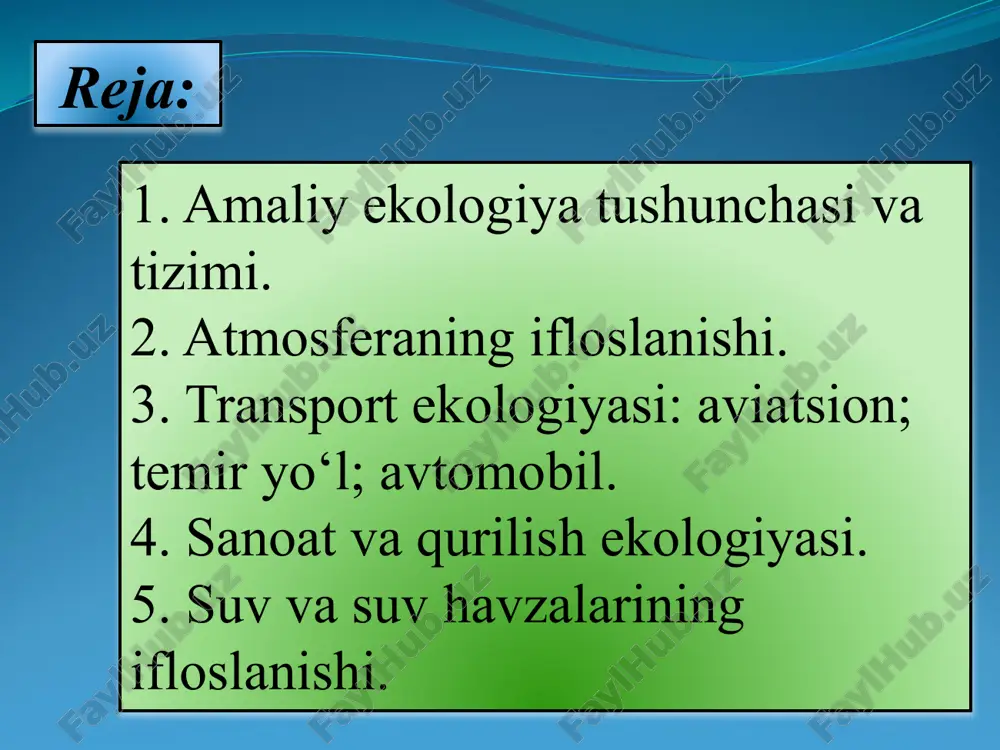 atgina uning belgisini yo’qotishga yo’naltirilgan bo’ladi. bu holat yuzaki yaxshi bo’lgan kabi tuyulsa-da, aslida davodan umuman naf bo’lmasligi mumkin, chunki aholi salomatligiga ta’sir qiluvchi sabab aniqlanmasdan qolaveradi. hozirgi vaqtda zararli omillarni kasallik kelib chiqishiga va o’limga to’g’ridan-to’g’ri sababchi degan to’liq ma’lumotlar yo’q, lekin bemorlar kasallik tarixini diqqat bilan o’rganib chiqilsa bu omillarning 10 % idan ortig’i bemorlarni trapevtik statsionarga yotishiga sbabchi bo’lishini aniqlash mumkin. nafas olish va tayanch-harakat organlari zararlanishi miqdori esa bu ko’rsatkichdan ham ko’p. aqshda har yili yangi kasb kasalliklari bilan 125 mingdan 350 minggacha bemorlar ro’yhatga olinadi. atmosferaning ifloslanishi -atmosfera tarkibi va xossalarining inson salomatligi, hayvonlar, o‘simliklar va ekosistemalarga salbiy ta'sir ko‘rsatadigan o‘zgarishi. atmosfera tabiiy va sun'iy yo‘llar bilan ifloslanadi. vulqonlar otilishi, chang to‘zonlar, o‘rmon, dashtlardagi yong‘inlar, o‘simlik changlari, mikroorganizmlar, kosmik chang va boshqalar tabiiy ifloslanish manbalaridir. sun'iy ifloslanish manbalariga energetika, sanoat korxonalari, transport, maishiy chiqindilar kiradi. hozirgi vaqtda atmosfera ifloslanishining 75% i tabiiy manbalarga va 25%i …