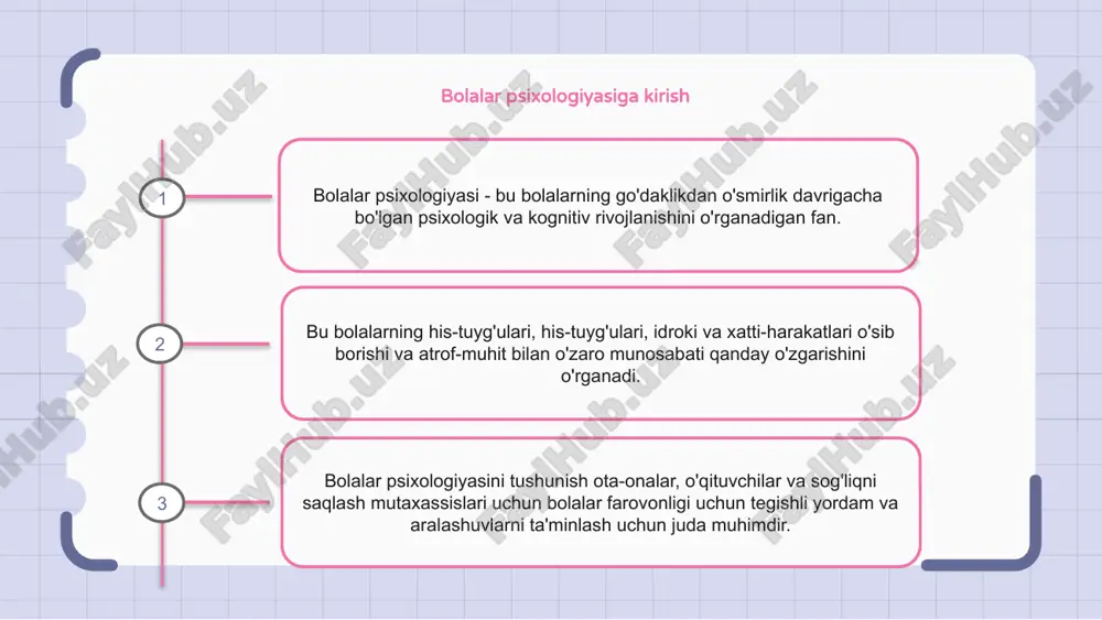 ko'rsatma berishlari mumkin. sevgi, tushunish va izchil intizomga asoslangan tarbiyaviy muhitni yaratish bolaning sog'lom rivojlanishiga katta hissa qo'shadi. bolalar psixologiyasida o'yinning o'rni o'yin bola psixologiyasining muhim qismi bo'lib, u bolaning rivojlanishida hal qiluvchi rol o'ynaydi. bu bolalarga muammolarni hal qilish, muloqot qilish va ijodkorlik kabi turli ko'nikmalarni o'rganish va rivojlantirishga yordam beradi. o'yin orqali bolalar o'zlarining his-tuyg'ularini o'rganishlari, o'z-o'zini hurmat qilishlari va kognitiv qobiliyatlarini rivojlantirishlari mumkin. e'tiboringiz uchun rahmat