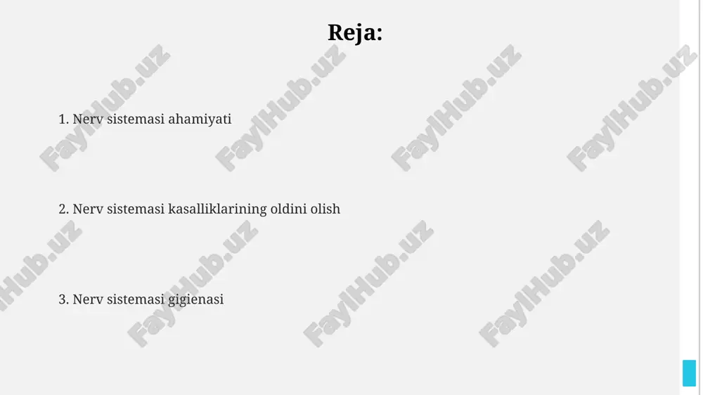 lit, yiliga 100 000 dan ortiq odamni qamrab oladi va o'z vaqtida davolanmasa, jiddiy asoratlarga olib kelishi mumkin. nerv sistemasini himoya qilish usullari nerv sistemasining sog‘lomligini saqlash uchun kuniga kamida 7-8 soat sifatli uyquga e’tibor berish, chunki uyqu vaqtida miya hujayralari ta’mirlanadi va yangilanadi. to‘g‘ri va muvozanatli ovqatlanish, jumladan, b guruhi vitaminlari, omega-3 yog‘ kislotalari va antioksidantlarga boy oziq-ovqatlarni iste’mol qilish nerv sistemasining normal ishlashi uchun zarurdir. stress va tashvish darajasini pasaytirish uchun kundalik hayotga meditatsiya yoki yoga kabi 15-20 daqiqalik relaksatsiya mashqlarini kiritish muhim ahamiyatga ega. nerv sistemasining gigiyenasi to‘g‘ri va muvozanatli ovqatlanish, jumladan, b guruhi vitaminlari va omega-3 yog‘ kislotalari miqdori yuqori bo‘lgan mahsulotlarni iste’mol qilish, nerv sistemasining normal ishlashi uchun juda muhimdir. nerv sistemasining sog‘lomligini saqlash uchun kuniga kamida 7-8 soat sifatli uyqu muhim, chunki bu vaqtda miya hujayralari ta’mirlanadi va neyrotransmitterlar ishlab chiqariladi. stress va haddan tashqari jismoniy zo‘riqish nerv sistemasiga salbiy ta’sir ko‘rsatadi, shuning uchun …