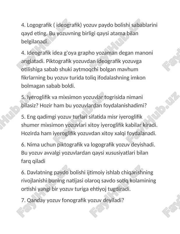 an yozma belgilar yoki tasvirlar tizimi. piktografik yozuv- piktografik lot. pictus rasm surat grapho yozaman degan manoni anglatadi. bu yozuv turining oziga xos tomoni uning ogzaki til bilan bogliq emasligi va uni har qanday til vakili tushuna olishidadir. logografik ( ideografik) yozuv-ideografik idea goya grapho yozaman degan manoni anglatadi. fonografik yozuv-fonografik grekcha phone tovush grapho yozaman degan manoni anglatadi. oromiy yozuv- finikiy yozuvi asosida eramizdan oldingi i ming yilliklarning boshida paydo bolgan. pahlaviy yozuv- oromiy yozuvining korinishlaridan biri sifatida iii asrda sosoniylar sulolasi hukmronligi davrida paydo bolgan. orfografiya- muayyan tildagi togri yozish qoidalari majmui. alfavit- biror tilning yozuviga qabul qilingan va malum an'anaviy tartib berilgan yozuv belgilari yoki bogin belgilari majmui. differensiyatsiya- fran. differentiation lot. differentia farqlanish farq degan manolarni anglatadi. 12o- guruh ismoilova madina