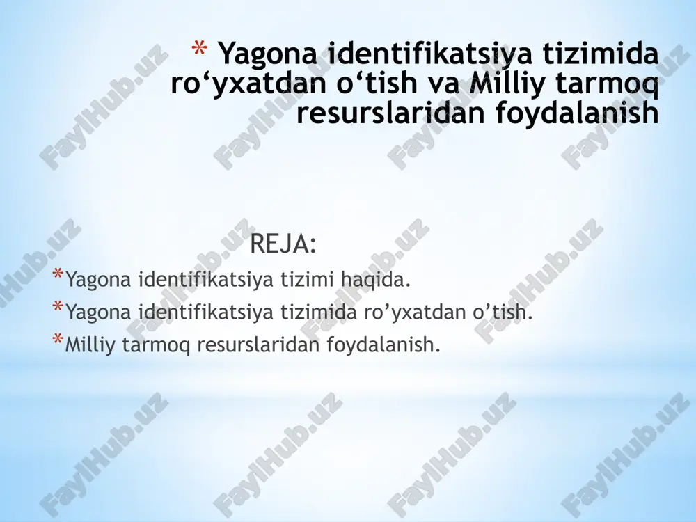 iya tizimi qonuniy va qulay yoʻl. yagona identifikatsiya tizimi qonun bilan belgilanadi. vazirlar mahkamasi tomonidan 17 dekabr 2015 yil 365 sonli tasdiqlangan foydalanuvchilarni aniqlash yagona identifikatsiya tizimi elektron hukumat haqidagi nizomga muvofiq, yagona identifikatsiya tizimi tomonidan koʻrsatilgan maʼlumotlar haqiqiy deb qabul qilish lozim. yuridik shaxslarni identifikatsiya qilish agar siz tashkilot (kompaniya) rahbari boʻlib jismoniy shaxs sifatida roʻyxatdan oʻtgan boʻlsangiz, oʻz kabinetingizda tashkilot qoʻshishingiz mumkin. buning uchun, siz yagona identifikatsiya tizimi shaxsiy kabinetingizda, tashkilot rahbari nomidan olingan elektron raqamli imzo taqdim etishingiz kerak. yuridik shaxs qoʻshib siz tashkilot nomidan davlat xizmatlarini foydalanish uchun boshqa foydalanuvchilarga (sizning xodimlaringiz) oʻz vakolatlaringizni topshirish mumkin boʻladi. yagona identifikatsiya tizimida ro’yxatdan o’tish. yagona interaktiv davlat xizmatlari portalida ro'yxatdan o'tish uchun foydalanuvchi id.uz yagona identifikatsiya tizimida ro'yxatdan o'tishi lozim bo'ladi buning uchun eslatmada ko'rsatilagan havola bo'yicha o'tish (“ro'yxatdan o'tish” tugmasi bosilganda), yoki yagona identifikatsiya tizimi manzili - www.id.uz ni kiritish kerak. foydalanuvchi barcha kataklarga tegishli ma'lumotlarni kiritishi …