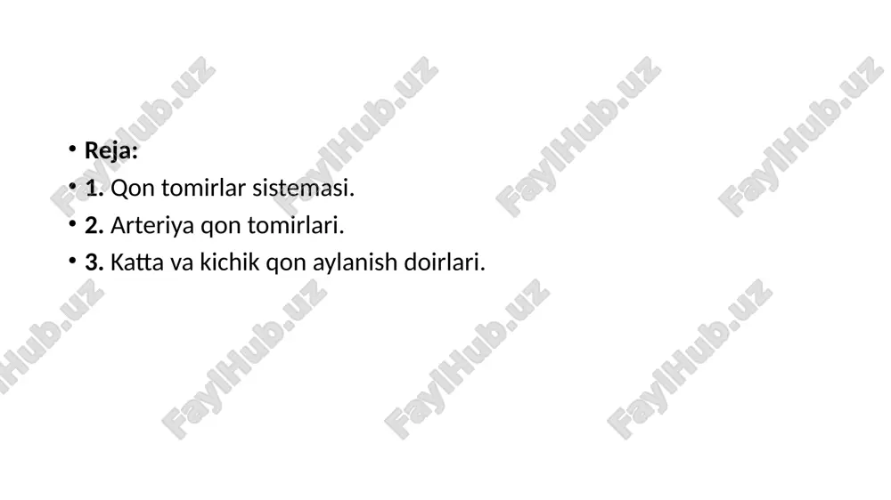 osiz hujayralardir. 30-120 kun gacha yashaydi. qizil ilikda yetiladi. tibbiyotda eritrasitlarni cho’kishini aniqlash kasalliklarni belgilashda foydalaniladi. buni tibbiyotda echt deyiladi. eritrotsitlar tarkibidagi gemoglobin o‘pkadan kislorod biriktirib olib, organizmning hujayra va to‘qimalariga yetkazib beradi. gemoglobin gem va oqsil - globindan tashkil topgan bolib, gem qismida fe++ saqlanadi. eritrotsitlar soni yoki uardagi gemoglobin miqdorining kamayib ketishiga kamqonlik deb ataladi. leykotsitlar yot moddalarni yutish xususiyatini –fagotsitoz deyiladi. i. mechnikov leykotsitlar oq qon tanachalari yadroli amyobaga o‘xshagan hujayralardir. har 500 eritrotsitga taxminan bitta leykotsit to‘g‘ri keladi. 1 mm qonda 6-8 ming dona leykotsit boladi. ular donador va donasiz leykotsitlarga bolinadi. donador- eozinofillar, bazofillar va neytrofillar kiradi. donasiz- monotsitlar va limfotsitlar kiradi. suyak iligida, taloqda va limfa bezlarida hosil boladi. qon plastinkalari-trambositlar. qon plastinkalari, ya’ni trombotsitlarning diametri 3 mikron. 1 mm qonda 200-400 mingtagacha trombotsit bo‘ladi, bular qon ivishida muhim rol o‘ynaydi. trombotsitlar suyak ko‘migida mayda plastinka shaklida ishlab chiqarilib qonga o‘tadi. qon ivishi qonda …
