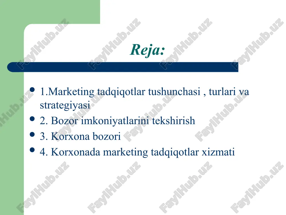 hiqish bilan boshlanadi. keyin mahsulotni sotish natijalari bir necha yil hisobidan tahlil etiladi, xato va yanglishish aniqlanadi, marketing mutaxassislarining fikri o’rganiladi. axborotlarini quyidagi manbalardan olshi mumkin: matbuot, reklama, telefon orqali anketa jo’natish va boshqalar. image1.jpeg image2.jpeg image3.jpeg image4.jpeg image5.jpeg image6.jpeg image7.jpeg image8.jpeg