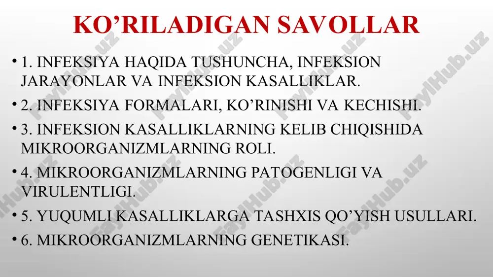 ida boʼlishi mumkin. virulentlik- shtamm belgisi boʼlib, bu xususiyatni miqdoriy xisoblash mumkin. virulentlik patogenlikni fenotipdagi koʼrinishi hisoblanadi. odam to`qimasiga kirishi (virulentlik faktorlari) 1. adgeziya – mikroorganizmning o‘zi sezuvchan hujayraga yopishib olishi, ya’ni adsorbstiyalanish xususiyatiga aytiladi. bu jarayon mikrob hujayrasining tashqi strukturasiga (xivchinlariga, kiprikchalariga) va makroorganizm hujayrasidagi retseptorlarga borliq bo’ladi. bu faktorlar - bakteriyalarni kiprikchalari, adgeziv oqsillari, gram manfiy bakteriyalarda polisaxaridlar, gram musbat bakteriyalarda teyxoy kislotasi, viruslarda maxsus superkapsid oqsillari, glikoproteinlar kiradi 2. kolonizastiya – bakteriyalarning shilliq qavat va hujayra yuzalarida koʼpayib yigʼilib qolish xususiyati. bu protsess hujayra yuzasi va hujayra ichida bo`lishi mumkin. hujayra yuzasida, masalan, xolera vibrioni enterotsitlar yuzasiga yopishib olib ko`payadi. hujayra ichida, masalan, dizenteriya tayoqchasi yщэg‘on ichak hujayralarida ko`payadi. 3. penetratsiya – hujayralarga kirish qobilyati. odam to`qimasiga kirishi (virulentlik faktorlari) 4. invazivlik – toʼqimalardan oʼtish va tarqalish qobilyati. bu protsess mikroblarning fermentlar ishlab chiqarib, to`qimalarning o‘tkazuvchanligini buzishi yoki oshirib yuborish qobiliyati bilan bog’liq. bunday fermentlarga kiradi: a) …