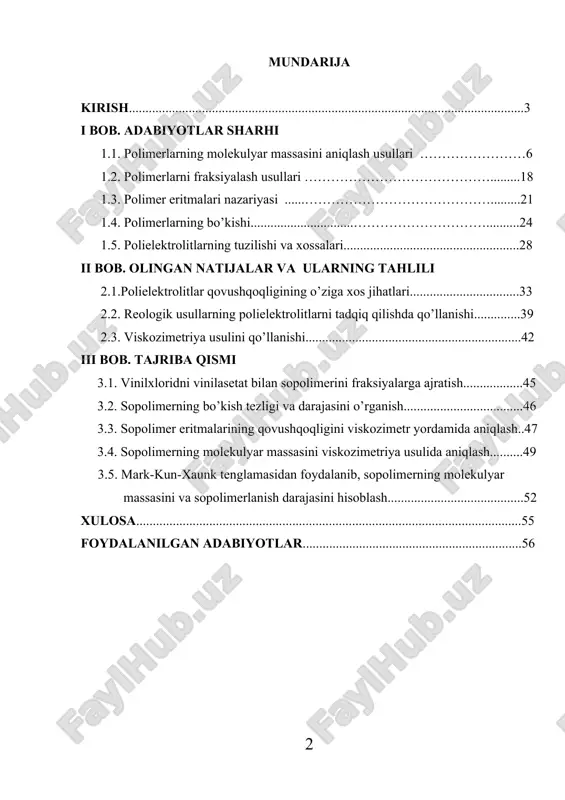 3.2. sopolimerning bo’kish tezligi va darajasini o’rganish....................................46 3.3. sopolimer eritmalarining qovushqoqligini viskozimetr yordamida aniqlash..47 3.4. sopolimerning molekulyar massasini viskozimetriya usulida aniqlash..........49 3.5. mark-kun-xaunk tenglamasidan foydalanib, sopolimerning molekulyar massasini va sopolimerlanish darajasini hisoblash.........................................52 xulosa....................................................................................................................55 foydalanilgan adabiyotlar..................................................................56 kirish hurmatli prezidentimiz islom karimov o’zbekiston respublikasi oliy majlis qonunchilik palatasi va senatning qo’shma majlisida “mamlakatimizni modernizatsiya qilish va kuchli fuqarolik jamiyati barpo etish ustivor maqsadimizdir” mavzusida fikrlarini bayon etdilar. oliy majlisning qonun ijodkorligi faoliyatida mamlakatimizda iqtisodiy sohada amalga oshirilayotgan tarkibiy o’zgarishlarni, qulay investitsion muhitni shakllantirish, ishlab chiqarishni modernizatsiya qilish va texnik qayta jihozlash, bank moliya tizimini rivojlantirishni normativ huquqiy jihatdan ta’minlash masalalari alohida o’rin egallaydi [1]. iqtisodiy islohotlarni qonuniy jihatdan ta’minlashga yo’naltirilgan bir qator tadbirlar 2009-2012 yillarga mo’ljallangan, jahon moliyaviy-iqtisodiy inqirozning salbiy oqibatlarini imkon qadar kamayishga qaratilgan inqirozga qarshi choralar dasturini samarali amalga oshirishni huquqiy ta’minlash, dunyodagi sanoqli davlatlar qatorida o’zbekistonga iqtisodiyotning barqaror o’sish sur’atlarini saqlab qolish va aholining real daromadlarini oshirish imkonini beradi. …
