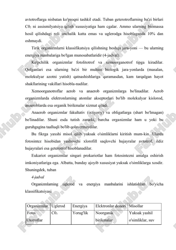 ismilyatsiya qilish xususiyatiga ham cgalar. ammo ularning biomassa hosil qilishdagi roli unchalik katta emas va uglerodga hisoblaganda 10% dan oshmaydi. tirik organizmlarni klassifikatsiya qilishning boshqa jara-yoni — bu ularning energiya manbalariga bo'lgan munosabatlaridir (4-jadval). ko'pchilik organizmlar fotolitotrof va xemoorganotrof tipga kiradilar. qolganlari esa ularning ba'zi bir muhim biologik jara-yonlarda (masalan, molekulyar azotni yutish) qatnashishlariga qaramasdan, kam tarqalgan hayot shakllarining vakillari hisobla-nadilar. xemoorganotroflar aerob va anaerob organizmlarga bo'linadilar. aerob organizmlarda elektronlarning atomlar akseptorlari bo'lib molekulyar kislorod, anaeroblarda esa organik birikmalar xizmat qiladi. anaerob organizmlar fakultativ (ixtiyoriy) va obligatlarga (shart bo'lmagan) bo'linadilar. shuni esda tutish zarurki, barcha organizmlar ham u yoki bu guruhgagina taalluqli bo'lib qolavermaydilar. bu fikrga yaxshi misol qilib yuksak o'simliklarni kiritish mum-kin. ularda fotosintez hisobidan yashovchi xlorofill saqlovchi hujayralar avtotrof, ildiz hujayralari esa geterotrof hisoblanadilar. eukariot organizmlar singari prokariotlar ham fotosintezni amalga oshirish imkoniyatlariga ega. albatta, bunday ajoyib xususiyat yuksak o'simliklarga xosdir. shuningdek, tuban 4-jadval organizmlarning uglerod va energiya …