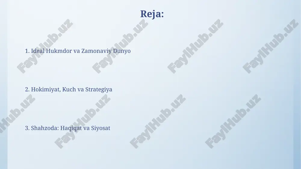 iy amaliyotlardagi samarali qo'llanilishi haqida amaliy maslahatlar va taktik sxemalar keltirilgan. "shahzoda"ning zamonaviy dolzarbligi “shahzoda”ning zamonaviy dolzarbligi siyosiy realpolitikni tahlil qilishda, xususan, xvi asr italiya davlatlari o‘rtasidagi 5 ta yirik kuchning o‘zaro munosabatlarini tushunishda muhim ahamiyat kasb etadi. machiavellining “shahzoda” asari zamonaviy menejment nazariyalariga ta’sir ko‘rsatgan, uning 10 ga yaqin strategik ta’limotlari hozirgi biznes dunyosida ham dolzarb bo‘lib qolmoqda. hukmdorning sifatlari "hukmdorning sifatlari" bo'limida siyosat va diplomatiya sohasida hukmdorning 5 ta turli taktikasini va ularning samaradorligini tahlil qilish mavjud. "hukmdorning sifatlari"da shahzoda 7 ta asosiy fazilatga ega bo'lishi kerakligi ta'kidlanadi, ular orasida adolat, jasorat va donolik muhim o'rin tutadi. e'tiboringiz uchun rahmat @taqdimot_robot image4.png image5.jpg image6.jpg image7.jpg image8.jpg image9.jpg image10.jpg image11.jpg image3.jpeg