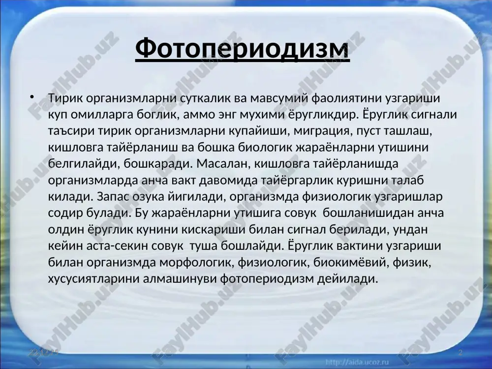 акларда булиб, улар кузда, масалан, картошкада кулай харорат булганда хам усмайди. кузда ва кишда дарахт шохларини кесиб, сувда кулай мухитда куйганда хам усмайди, чунки бу вактда уни хужайраларида ва тукималарида нуклеин ва оксил алмашинувида узгаришлар булиб, уларни усиши факат бахорда утади. чукур тиним органик тиним даврида ёки ундан кейин содир булиб, усимликни совукдан муфаза килишдан мухим ахамиятга эга. мажбурий тиним – бунда усимлик нокулай шароит булганда усмайди. бахорда совук булиб турса. хайвонларда мавсумни нокулай шароитини утказиш хар хил булади. уларни нокулай шароитга морфофизиологик тайёргарлиги (киш ва ёзда). киш ва ёзни нокулай мухити якинлашиши билан спячка (уйкуга) кетиши. бунда умумий модда алмашинувини сусайиши: судралиб юрувчилар, сувда ва курукда яшовчилар, хашаротлар – умурткасизлар. бу хайвонлар хаво илик, нам булганда, овкат куп булиб, ёруглик ва харорат таъсирида уларни фаоллиги кучаяди, купаяди. узимизда чул шароитида бахор ойларида тугри келади. хашаротларда диапаузага утади, уни хиллари давоми, организмдаги узгаришлар (колорадо – ёзги, кишги диапаузага). мавсумий шароитни …