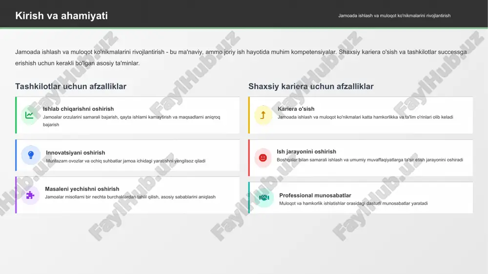 bilan samarali ishlash jarayonini oshiradi stresni kamaytirish aniq muloqot minimizatsiya qiladi va qayta ishlarni kamaytiradi professional munosabatlar muloqot va hamkorlik ishlatishlar orasidagi dasturli munosabatlar yaratadi * jamoaviy ishning asosiy tamoyillari jamoada ishlash va muloqot ko'nikmalarini rivojlantirish muvaffaqiyatli jamoaviy ish - bu asosiy ta'minlar yuzasidan iborat. bu ta'minlar jamoalar orasidagi samarali ishlashni ta'minlaydi. ommaviy maqsadlar va ro'ylar jamoada ummaviy maqsadlar mavjud bo'lsa, har bir a'zolarning uni tushunishi va bajarishga ta'min bo'ladi aniq ro'ylar va javobgarliklar har bir a'zonning o'z hisobga qaytarishi kerak bu claritya chaqirishlarni kamaytiradi, ta'sirliroq ishlaydi va harakatni himoya qiladi dasturli va kattaqorlik psixologik xavfli muhit yaratish - bu a'zolarning ideyalarni baholashga, xatoliklarni qabul qilishga va zid qilishga xavfli bo'lmagan holat dasturlash - a'zolarning integritet, kompetentlik va muvofiqlikka ishonishni anglatadi kattaqorlik - boshqalarining fikirlarini, ta'sirini va farqlarini qiyamlashni anglatadi psixologik xavfli muhit jamoaviy ishda psixologik xavfli muhit yaratish - bu a'zolarning ideyalarni baholashga, xatoliklarni qabul qilishga xavfli bo'lmagan holat …
