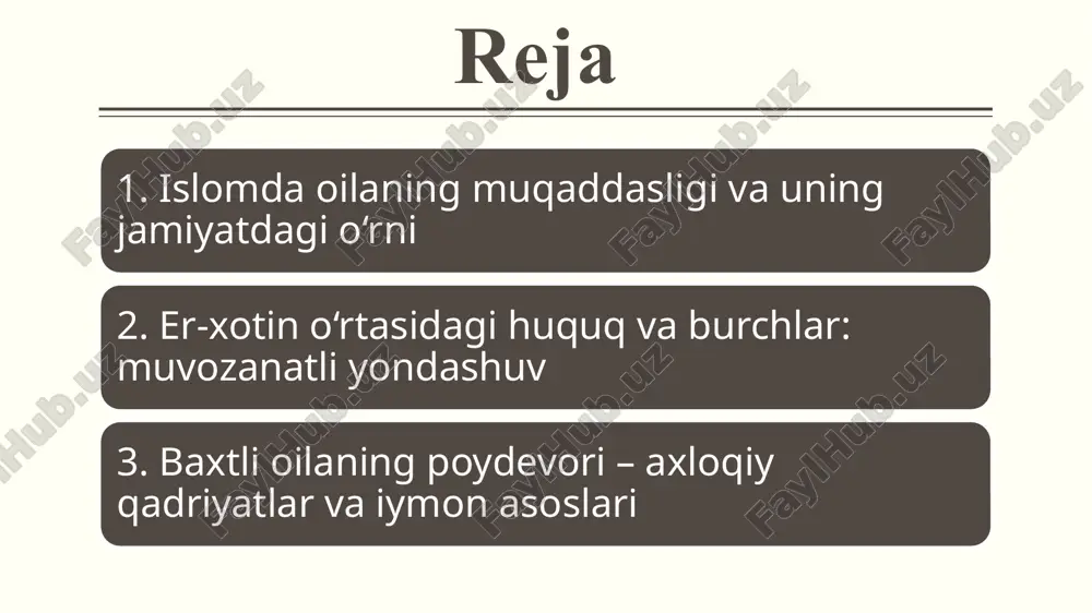 boshlanadi. bolaning axloqi, iymoni, dunyoqarashi avvalo ota-onaning tutumi, oila muhitiga bog‘liq. agar oila barqaror bo‘lsa, jamiyatda ham tinchlik, baraka va taraqqiyot hukm suradi. er-xotin o‘rtasidagi huquq va burchlar: muvozanatli yondashuv shayx muhammad sodiq muhammad yusuf “baxtiyor oila” asarida er-xotin munosabatlariga islomiy adolat tamoyili asosida yondashadi. asarda ta’kidlanishicha, oila barqarorligining garovi — o‘zaro hurmat, muhabbat va burchlarga mas’uliyat bilan yondashishda. erning burchlari o‘z oilasi uchun moddiy ta’minotni ta’minlash. ayoliga nisbatan mehribon, sabrli va adolatli bo‘lish. ayolining sha’nini himoya qilish, unga diniy va axloqiy tarbiya berish. oila muhitini iymon va halollik asosida boshqarish. ayolning burchlari erga nisbatan sadoqatli, itoatli va hurmatli bo‘lish. uyni boshqarish, farzand tarbiyasi bilan shug‘ullanish. erining roziligi va or-nomusini saqlash. uyni tinch va mehrli maskanga aylantirish. payg‘ambarimiz (s.a.v.)ning oilaviy namunasi shayx muhammad sodiq muhammad yusuf rasululloh (s.a.v.)ning oilaviy hayotini mukammal o‘rnak sifatida keltiradi. u zot (s.a.v.) xotinlariga hech qachon zo‘ravonlik qilmagan, doimo ularni tushungan, ularning hissiyotlariga quloq solgan, yordam …
