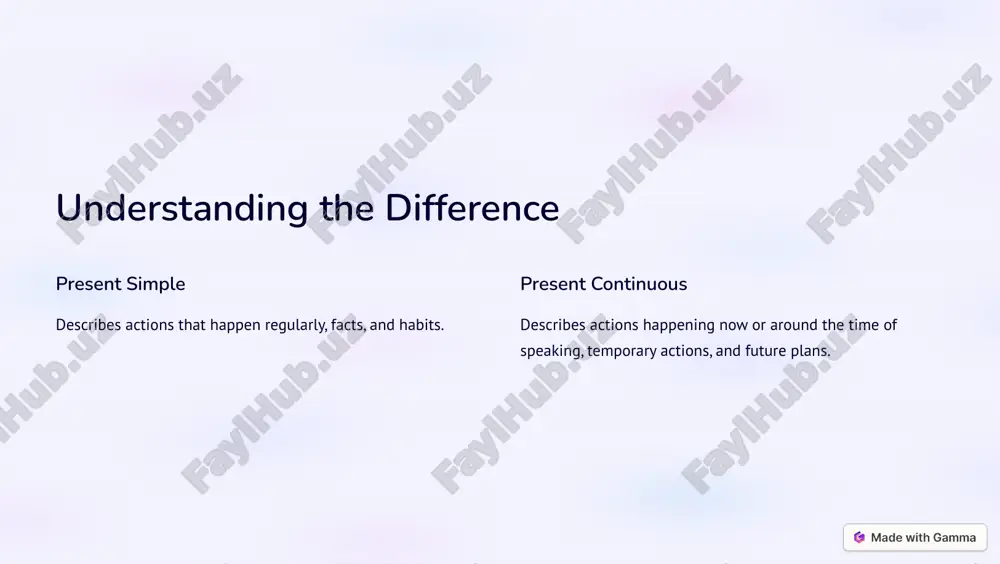 ontinuous to describe your daily routine and current activities. exercise 3 write a dialogue between two friends using the present simple and present continuous to discuss their plans for the weekend. https://gamma.app/?utm_source=made-with-gamma conclusion and key takeaways by understanding the nuances of the present simple and present continuous, you can effectively communicate your thoughts and ideas in english. https://gamma.app/?utm_source=made-with-gamma