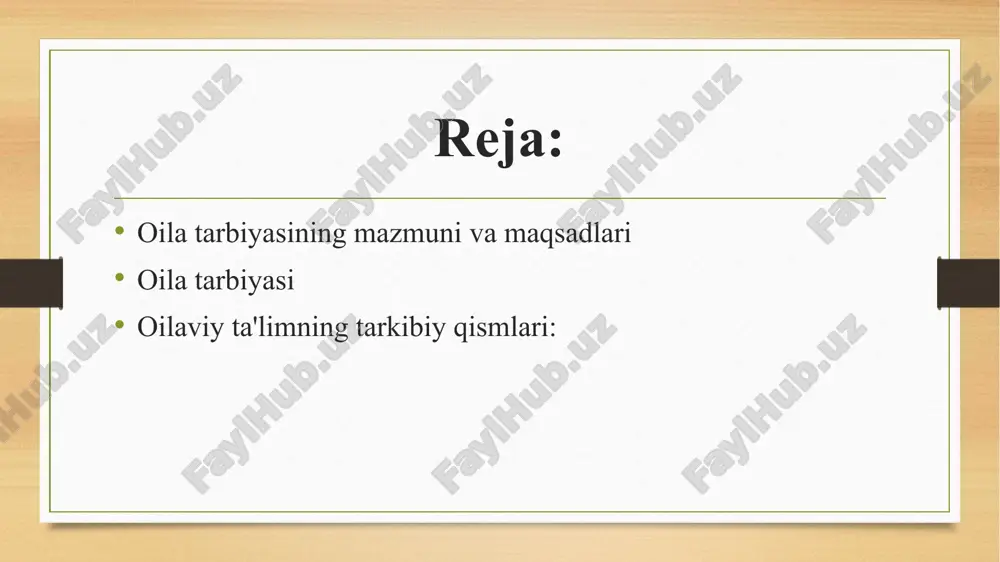 onch; oiladagi optimistik munosabatlar; ularning talablarida izchillik (imkonsizni talab qilmang); bolangizga har tomonlama yordam berish, savollarga javob berishga tayyorlik. oila ta'siri: oila shaxsning ijtimoiylashuvini amalga oshiradi; oila an'analar davomiyligini ta'minlaydi; oilaning eng muhim ijtimoiy vazifasi - fuqaro, vatanparvar, kelajak oila boshlig'i, jamiyatning qonunga bo'ysunuvchi a'zosini tarbiyalash; kasb tanlashda oilaning ta'siri katta. oilaviy ta'lim mazmuni oilada tarbiya mazmuni demokratik jamiyatning umumiy maqsadi bilan belgilanadi. oila jismonan va ruhan sog'lom, axloqiy, intellektual rivojlangan , kelgusi mehnat, ijtimoiy, oilaviy hayotga tayyor shaxsni shakllantirishga majburdir oilaviy ta'limning tarkibiy qismlari: jismoniy - sog'lom turmush tarziga asoslangan va kun tartibini to'g'ri tashkil etish, sport, tananing qattiqlashishi va boshqalarni o'z ichiga oladi; axloq - shaxsni shakllantiruvchi munosabatlarning o'zagi. barqaror axloqiy qadriyatlarni tarbiyalash - sevgi, hurmat, mehr-oqibat, odob, halollik, adolat, vijdon, qadr-qimmat, burch; intellektual - ota-onalarning bolalarni bilim bilan boyitishda, ularni o'zlashtirish ehtiyojlarini shakllantirishda va doimiy yangilashda manfaatdor ishtirokini o'z ichiga oladi oilaviy tarbiyaning umumiy usullari agar oila …