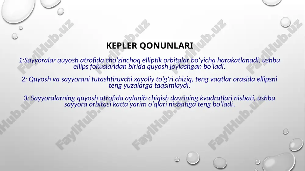 ma’lum bo‘lgan sayyoralar esa 6 ta edi. shunga muvofiq, kepler har bir sayyora orasida shunday to‘g‘ri ko‘pyoqlardan birortasi ko‘rinishidagi shaffof sfera mavjud bo‘lsa, bu osmon jismlari harakati mukammallik, ideallik bo‘ladi deb o‘ylagan. u hayotining bu qismida, sayyoralar harakati va umuman koinot albatta ideal bo‘lishi kerak degan fikrda edi. biroq, xayolot va tasavvurdagi ideallik bilan amaldagi, real voqe’lik deyarli hech qachon o‘zaro mos tushmaydi. keplerning xayoloti bo‘lgan to‘g‘ri ko‘pyoqlar ko‘rinishidagi shaffof sferalarda harakatlanadigan sayyoralar orbitasi haqidagi tasavvuri, olimning sayyoralarni real hayotda, o‘zi ko‘zi bilan yaqqol ko‘rib kuzatib turgan holatdagi harakat orbitasi bilan mutlaqo mos tushmasdi. bu haqida olimlardan biri quyidagicha ta’rif bergandi: «kepler tasavvuridagi mukammal, go‘zal manzara, real hayotdagi badbashara faktlar bilan buzib tashlangan...». kepler u paytlar yosh edi va uning o‘sha paytdagi ilmiy tasavvurlarining xotirasi o‘laroq, u o‘z qo‘llari bilan yasagan va gersog frederik fon vyurtemburgga sovg‘a qilgan quyosh sistemasi modeli saqlanib qolgan. ushbu, qunt bilan ishlangan metall konstruksiyada yosh …