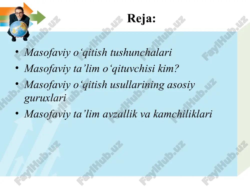 ‘qitish tushunchalari keng qamrovlilik – ko‘p sonli o‘quvchilarning bir vaqtning o‘zida katta o‘quv (elektron kutubxona, ma’lumotlar va bilimlar bazasi va boshqalar) zahiralariga murojaat qila olishi. bu ko‘p sonli o‘quvchilarning kommunikatsiya vositalari yordamida o‘zaro va o‘qituvchi bilan muloqotda bo‘lish imkoniyati. iqtisodiy tejamkorlik – o‘quv maydonlari, texnika vositalari, transport vositalari va o‘quv materiallaridan samarali foydalanish, o‘quv materiallarini bir joyga yig`ish, ularni tartiblangan ko‘rinishga keltirish va bu ma’lumotlarga ko‘p sonli murojaatni tashkil qilib bera olish mutaxassislarni tayyorlash uchun ketadigan xarajatlarni kamaytiradi. masofaviy o‘qitish tushunchalari ijtimoiy teng huquqlilik – ta’lim oluvchining yashash joyi, sog`lig`i va moddiy ta’minlanish darajasidan qat’iy nazar hamma qatori teng huquqli ta’lim olish imkoniyati. internatsionallilik – ta’lim sohasida erishilgan jahon standartlariga javob beradigan yutuqlarni import va eksport qilish imkoniyati. o‘qituvchining yangi roli – masofaviy o‘qitish o‘qituvchining o‘qitish jarayonidagi rolini yanada kengaytiradi va yangilaydi. endi o‘qituvchi o‘zlashtirish jarayonini muvofiqlashtirishi, yangiliklar va innovatsiyalarga mos ravishda berayotgan fanini muntazam mukammallashtirishi, saviya va ijodiy faoliyatini …