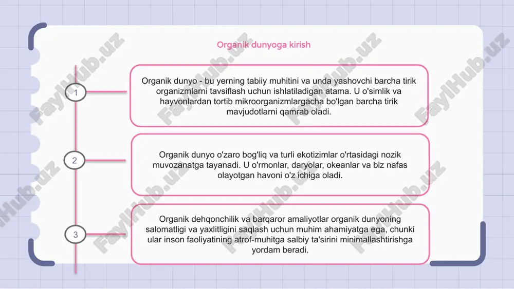 ganik dehqonchilik amaliyoti biologik xilma-xillikni, tuproq salomatligini rag'batlantiradi va atrof-muhitga ta'sirini kamaytiradi. organik oziq-ovqat mahsulotlarini iste'mol qilish foydalidir, chunki u yuqori darajadagi antioksidantlarni, muhim oziq moddalarni o'z ichiga oladi va genetik jihatdan o'zgartirilgan organizmlardan (gmo) tozalanadi. organik dunyoning kelajagi organik dunyo tez sur'atlar bilan o'sib bormoqda va uning kelajagi istiqbolli ko'rinadi. an'anaviy dehqonchilik usullarining zararli ta'siri to'g'risida xabardorlikning ortishi bilan ko'proq odamlar o'z sog'lig'i va atrof-muhitni muhofaza qilish uchun organik usullarni qo'llamoqda. organik qishloq xo'jaligi tabiiy o'g'itlar va zararkunandalarga qarshi kurash usullaridan foydalangan holda oziq-ovqat ishlab chiqarish uchun barqaror echimlarni taklif qiladi. bu nafaqat biz iste'mol qiladigan oziq-ovqat sifati va xavfsizligini ta'minlaydi, balki sayyoramizning biologik xilma-xilligini ham saqlaydi. kelajakda biz global miqyosda organik dehqonchilikka o'tishni kutishimiz mumkin. bu sintetik kimyoviy moddalardan foydalanishni kamaytirishga, tuproq salomatligi va suvni tejashga yordam beradi va barqaror amaliyotga sodiq fermerlarning turmush tarzini qo'llab-quvvatlaydi. e'tiboringiz uchun rahmat