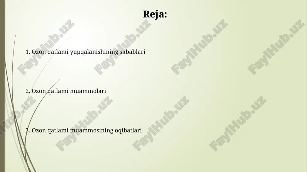 qatlamiga ta'sir etuvchi moddalar metilxloroform (ch₃ccl₃) va karbon tetraklorid (ccl₄) kabi erituvchilar ham ozon qatlamiga salbiy ta'sir ko'rsatadi, ularning ozonni yo'q qilish potentsiali cfclarnikidan past bo'lsa-da, lekin ulardan foydalanish hajmi sezilarli darajada. ozon qatlamiga zarar yetkazuvchi moddalarning 90% dan ortig'i xlorofluorokarbonlar (cfcs) va boshqa galogenli birikmalar hisoblanadi, ularning atmosfera yemirilish vaqti 50 yildan 100 yilgacha davom etadi. kelajakdagi istiqbollar ozon qatlami tiklanishi 2060 yilga kelib taxminan 1980 yildagi darajaga yetishi kutilmoqda, ammo bu jarayon davom etayotgan antropogen ta’sirlarga bog‘liq. cfclarning atmosfera tarkibidagi miqdori kamayishiga qaramay, ba’zi uzoq muddatli halokarbonlarning ta’siri 50-100 yilgacha davom etishi mumkin. ozon qatlami buzilishining oqibatlari ozon qatlami yupqalanishi tufayli ultrabinafsha nurlanishining yer yuzasiga 10-20% ga koʻpayishi terining saraton kasalligi xavfini sezilarli darajada oshiradi, shu jumladan melanoma xavfini ham. ozon qatlami buzilishining ekologik oqibatlari orasida, planktonlarning 15% gacha kamayishi suv ekosistemalarining barqarorligiga putur yetkazishi va oziq-ovqat zanjiri buzilishi kuzatiladi. e'tiboringiz uchun rahmat @taqdimot_robot image1.jpg image2.jpg image3.jpg image4.jpg …