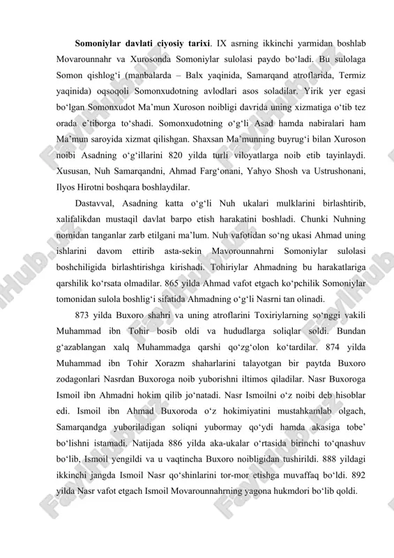 a aka-ukalar o‘rtasida birinchi to‘qnashuv bo‘lib, ismoil yengildi va u vaqtincha buxoro noibligidan tushirildi. 888 yildagi ikkinchi jangda ismoil nasr qo‘shinlarini tor-mor etishga muvaffaq bo‘ldi. 892 yilda nasr vafot etgach ismoil movarounnahrning yagona hukmdori bo‘lib qoldi. poytaxt samarqanddan buxoroga ko‘chirildi. ismoil somoniy 893 yilda ko‘chmanchilarga qarshi qo‘shin tortib dastlab tarozni, keyin esa ustrushonani egallashga muvaffaq bo‘ldi. bag‘dod xalifasi al-mutadis (892-902 yy.) ismoilning qudrati oshib ketayotganidan sarosimaga tushib 898 yilda movarounnahr noibligidan ismoilni tushirib uning o‘rniga safforiy amr ibn laysni hokim etib tayinlash haqida yorliq jo‘natadi. mavorounnahr noibligi to‘g‘risidagi yorliqni olgach amr ibn lays ismoilga qarshi qo‘shin tortdi. 900 yilda balx atroflarida ismoil safforiylar qo‘shinlarini tor-mor etdi. manbalar ma’lumotlariga ko‘ra ismoilni nafaqat buxorodan, balki xorazm va farg‘onadan ham kelgan harbiy kuchlar qo‘llab-quvvatlagan edilar. narshaxiyning ma’lumot berishicha, ismoil bu jangda buxoro hunarmandlari va oddiy xalqning qo‘liga qurol berib o‘z ozodligini saqlab qolishga chaqirgan. keng xalq ommasining qo‘llab-quvvatlashi natijasida ismoil somoniy arab bosqinidan …
