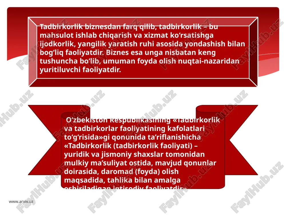 shi kerak. tadbirkorlik faoliyati mulkdorning o‘zi tomonidan ham, uning mol-mulki asosida ish yurituvchi sub’ekt tomonidan ham amalga oshirilishi mumkin. 3 xo‘jalik yuritish yo‘lini erkin tanlash, daromadni investitsiyalash imkoniyati va shu kabilarni real ta’minlaydigan ma’lum iqtisodiy muhit va ijtimoiy siyosiy sharoit yaratishi zarur. tadbirkor xo‘jalik yuritishda uning biron turini tanlash, ishlab chiqarish jarayonini amalga oshirish, uni o‘zgarishlarga moslashtirish, manbalarni tanlash, resurs topish, mahsulot sotish, ularga baho belgilash, foydani tasarruf qilish va shu kabilar bo‘yicha ma’lum xuquq va erkinliklar mavjud bo‘lishini taqozo etadi. www.arxiv.uz 4 tadbirkorlik mulkchilik va o‘zlashtirish turli-tuman shakllari va turlarining mavjudligini taqozo qiladi. o‘z navbatida mulkchilik va o‘zlashtirish sohalaridagi turli-tumanlilikning o‘zi ob’ektiv hodisa bo‘lib, ishlab chiqaruvchi kuchlarning rivojlanishi oqibati sifatida maydonga chiqadi. 5 yetarli moliyaviy manbalarga, yaxshi ma’lumot va malakali tayyorgarlikka ega bo‘lish, umumiy tijorat qonunchiligi, soliq bo‘yicha imtiyozlar, tadbirkorlik muhiti va uni rivojlantirishda jamiyat manfaatdorligining mavjud bo‘lishi tadbirkorlikni rivojlantirishning navbatdagi shart-sharoitlari hisoblanadi. yuqorida ko‘rib o‘tilgan sharoitlar asosida davlat …