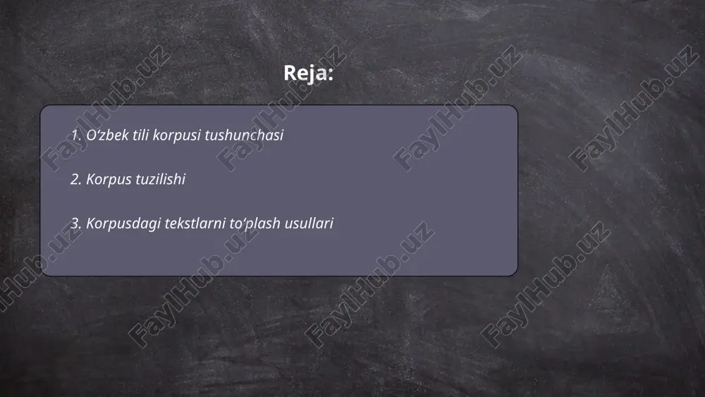 avtomatik yigʻish usuli uchun veb-skrayping va api integratsiyalari foydalaniladi. bundan tashqari, ijtimoiy media platformalaridan va tasniflangan matn ma'lumotlar bazalaridan tekstlar olish ham mumkin. har bir metodning o'ziga xos afzalliklari va kamchiliklari mavjud bo‘lganligi sababli, loyihaning o‘ziga xos ehtiyojlariga qarab tegishli usullar tanlanadi. ... t.me/slaydai_bot til birliklarining korpusdagi tasnifi – tahlil va tasnif masalalari bilan shug‘ullanuvchi soha. korpus lingvistikasida til birliklari, masalan, so‘zlar, iboralar va gaplar statistik ma'lumotlar asosida toifalanadi. odatda, korpusdagi til birliklari sintaksis, morfologiya va semantika asosida tasniflanadi. masalan, o‘zbek tilida 30,000 dan ortiq lug‘at birliklari mavjud bo‘lishi mumkin, bu esa korpusda keng qo‘llanadigan har xil kontekstual holatlar va strukturalarni o‘z ichiga oladi. tasnif jarayoni uchun algoritmlar, sun'iy intellekt va mashinani o‘qitish texnologiyalari qo‘llaniladi. bu texnologiyalar katta ma'lumot bazalarida avtomatik ravishda tahlil qilish va tasniflash imkonini beradi. oʻzbek tili korpusining tuzilishi va tarkibi, ijtimoiy ahamiyati beknazarova nilufar e'tiboringiz uchun raxmat! image1.png image2.png image3.png /docprops/thumbnail.jpeg