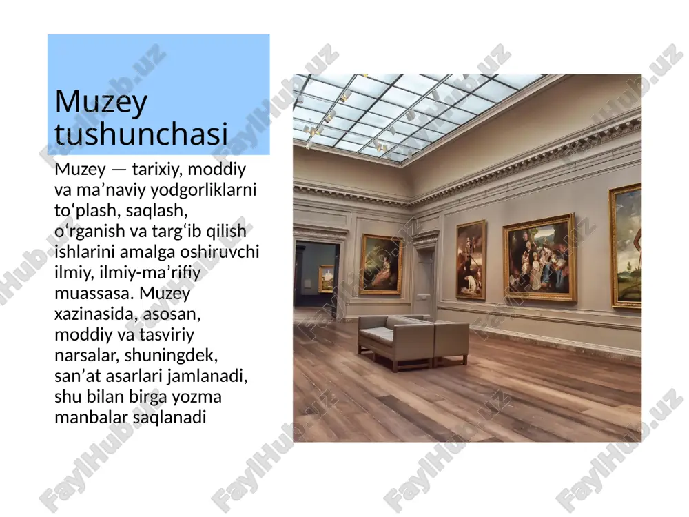 n muzeyi muzey 1870-yilning 13-aprelida bir guruh amerikalik ishbilarmonlar va san’at ixlosmandlari tomonidan tashkil etildi va birinchi marta 1872-yil 20-fevralda jamoatchilikka ochildi. uning birinchi prezidenti jon teylor jonson, ijrochi direktori esa jorj palmer putnem edi. ilk kirish chiptalari turli rangdagi kichkina dumaloq nishonlar bo‘lib, har bir hafta kunining nishoni turlicha ranglangan. ularni ust kiyimlariga yopishtirish yoki esdalik sifatida olib qolish mumkin edi ermitaj muzeyi ermitaj 1852 yilda nikolay i tomonidan mehmonlar uchun ochilgan va 1880 yilga kelib muzeyga 50 ming kishi tashrif buyurgan. imperator muzey atrofida yolg’iz aylanib yurishni juda yaxshi ko'rar edi: o'sha vaziyatda unga ichki masalalarda turli savollar bilan murojat qilish mumkin bo’lmagan. xitoydagi milliy saroy muzeyi milliy saroy muzeyi 700 000 ga yaqin xitoy artefakt va sanʼat asarlaridan iborat doimiy kolleksiyaga ega boʻlib, u dunyodagi eng yirik muzeylardan biri hisoblanadi. eksponatlar xitoyning 8000-yillik tarixini neolit davridan to hozirgi davrgacha aks ettiradi.[1] eksponatlarning aksariyati xitoy imperatorlari tomonidan toʻplangan …