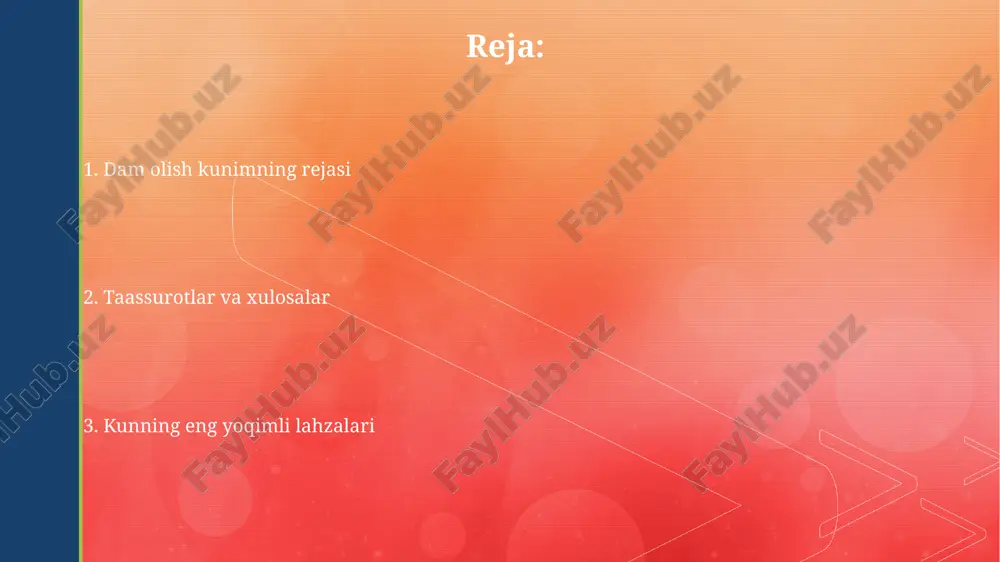 am muhim rol o'ynaydi. uy ishlarini samarali bajarish uchun 2 ta asosiy strategiyadan foydalanaman: vaqtni rejalashtirish va vazifalarni guruhlash. bu usul tufayli, o'rtacha 15% vaqt tejayman. kitob o'qish yoki film tomosha qilish o'rtacha uzunlikdagi badiiy film taxminan 1,5-2 soat davom etadi, kitobni o'qish vaqti esa o'quvchining tezligiga va kitob hajmining murakkabligiga bog'liq holda ancha farq qilishi mumkin. kitob o'qish miyani faol ravishda 20% ga ko'proq ishga soladi, bu esa xotirani va konsentratsiyani yaxshilashga yordam beradi, film tomosha qilishga nisbatan esa bu ko'rsatkich ancha past. oilaviy kechki ovqat oila a'zolari soniga qarab, har bir kishiga taxminan 250-300 gramm taom yetarli bo'ladi. bu miqdorni hisoblashda turli xil garnirlar va ichimliklarni ham hisobga olish kerak. oilaviy kechki ovqatni tayyorlash taxminan 1-1,5 soat vaqt talab qiladi, bu vaqtga mahsulotlarni sotib olish va dasturxon tuzatish ham kiradi. retseptlar soni 5 dan ortiq bo'lsa, tayyorgarlik murakkablashadi. erta tong: uyg'onish va nonushta nonushta uchun 2 ta tuxum, …