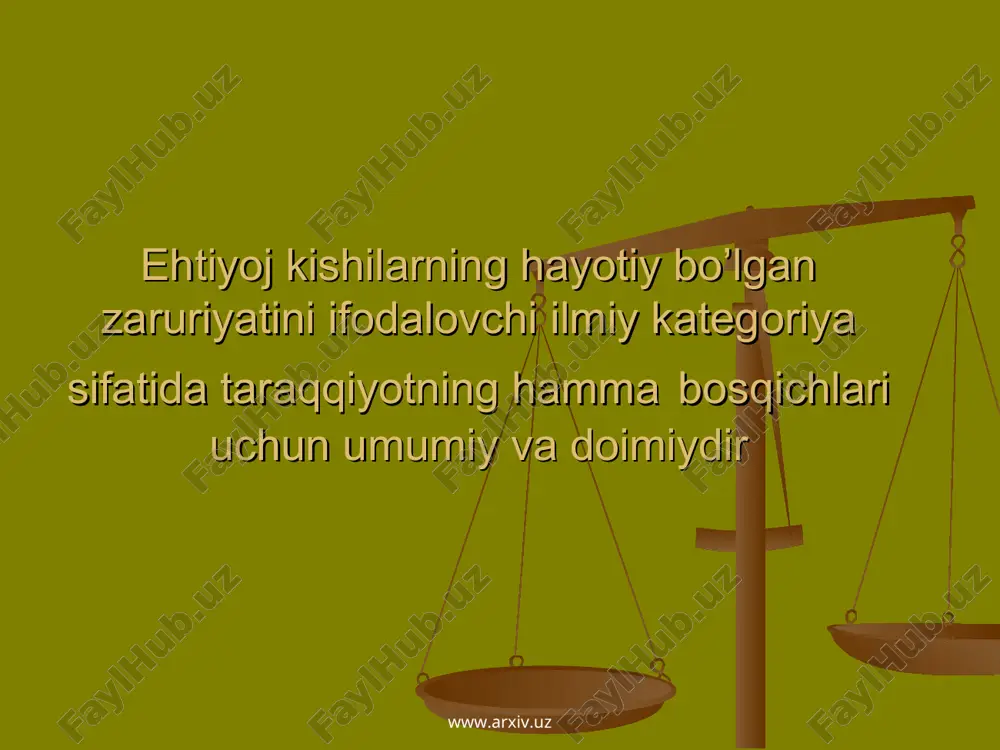 g didi; bozordagi iste’molchilar soni; iste’molchining daromadlari; bir-biriga bog’liq tovarlarning narxi; kelajakda narx va daromadlarning o’zgarishi ehtimoli. www.arxiv.uz www.arxiv.uz engel egri chizig’i www.arxiv.uz www.arxiv.uz narx va taklif miqdori o’rtasidagi bog’liqlik. www.arxiv.uz 1kg un narxi (so’m) 1oy davomida unning yakka taklifi miqdori(kg) 1 oy davomida unning bozor taklifi miqdori (tn) 350 60 6,0 300 50 5,0 250 30 3,0 200 20 2,0 150 10 1,0 www.arxiv.uz taklif egri chizig’i www.arxiv.uz www.arxiv.uz bozorda taklif qilinadigan tovar xajmiga narxdan tashqari bir qator omillar ham ta’sir qiladi. bu omillar asosiylari quyidagilar: resurslarning narxi; ishlab chiqarish texnologiyasi; soliq va subsidiyalar; boshqa tovarlarning narxi; narx o’zgarishining qutilishi; bozordagi sotuvchilar soni. www.arxiv.uz www.arxiv.uz ma’lum vaqt oralig’idagi narxlarning muayyan darajasida ishlab chiqaruvchi yoki sotuvchilar tomonidan ma’lum turdagi tovar va xizmatlarning bozorga chiqarilgan miqdori taklif deyiladi narxning o’zgarishi bilan taklif etilayotgan tovar miqdorining to’g’ri bog’liqlikdagi o’zgarishi taklif qonuni deyiladi. talab hajmiga ta’sir qiluvchi omillar boshqa o’zgarmay qolgan sharoitda narxning …