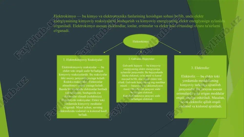 lektrod. reduktsiya jarayoni sodir bo'ladi. 5. nernst tenglamasi: nernst tenglamasi — elektrokimyoviy jarayonlarda elektrod potensialini hisoblashda qo'llaniladigan matematik ifodadir. bu tenglama yordamida biron-bir yarim hujayraning potensiali, ionlar konsentratsiyasi va haroratga bog'liq bo'lib hisoblanadi. 6. elektrotermal reaksiyalar: bu turdagi reaksiyalar, elektrotermal energiyaning kimyoviy o'zgarishlarni keltirib chiqarishini o'rganadi. misol uchun, tosh-kolajni eritish yoki metallarning eritilishi kabi jarayonlar. 7. korroziya: korroziya — bu metallarni kimyoviy o'zgarishlar orqali buzilish jarayonidir, odatda metallarning oksidlanishi natijasida ro'y beradi. elektrokimyoviy jarayon sifatida, korroziya anoddagi oksidlanish va katoddagi kamayish reaktsiyalarining natijasi hisoblanadi. 8. elektrokimyoviy qurilmalar: elektrokimyo turli qurilmalarni yaratishda qo'llaniladi: batareyalar: kimyoviy energiyani elektr energiyasiga aylantiradi. fuel hujayralari: yo'qolgan kimyoviy energiyani elektr energiyasiga o'zgartiradi. kaplamalar va korroziyaga qarshi himoya: metall yuzalarini elektrokimyoviy jarayonlar yordamida himoya qilish. 9. qayta tiklash (reduktiv reaksiyalar): bu reaksiyalar kimyoviy moddalarning elektronlarni qabul qilishi orqali yuzaga keladi. masalan, ba'zi metallarning qayta tiklanishi (metallarning ionlardan metall shakliga qaytishi) bu jarayonda sodir bo'ladi. 10. elektron transfer …